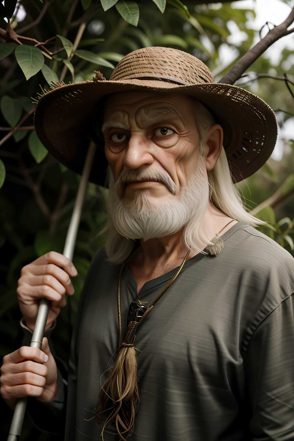 crie um velho com roupas velhas, in a bush setting, with staff in hand, old man with an evil appearance and an ugly face