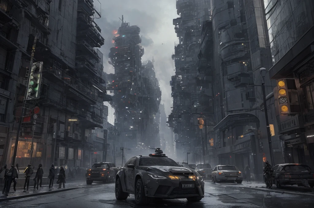 Ultra-realistic 16K CG, masterpiece, Best Composition, Photo quality, work of art, a lot of details, 8K, very detailed, distant fantasy, cyberpunk, hyper-detailed, crazy details, wet, rain, Moss on the walls, flowers, flood, against the backdrop of a beautiful futuristic fantasy city in the style of Coruscant from Star Wars by John Lucas, war, there is a battle going on, the city is attacked by sky dreadnoughts, fire from the sky, Explosions, buildings are burning, rays from tracer shells in the sky, a downed dreadnought is burning in the background, debris, there is a battle going on, fog, Science fiction, Huge fantastic skyscrapers in the background, space elevator towers, very high background detail, A lot of small details, A busy street, a lot of passers-by, the sky is gloomy from burning, molten metal flows into water, fuel burns in water., two soldiers escort a slave, neck collar with chain