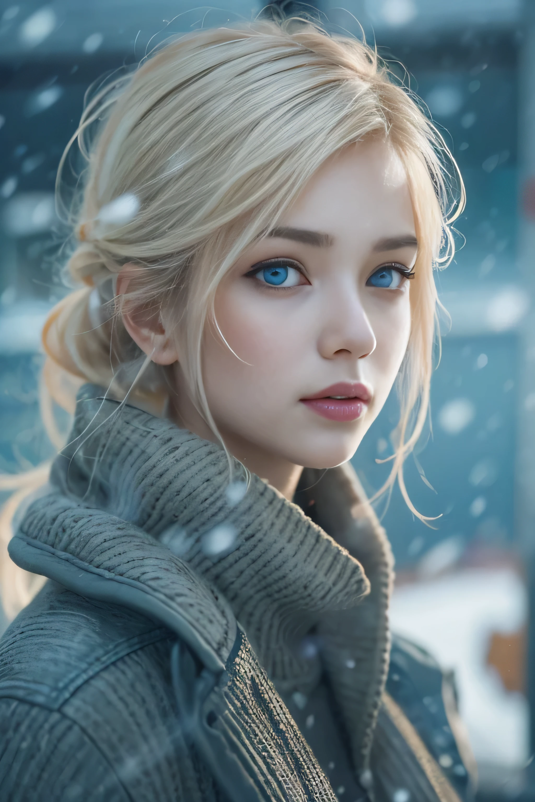 1 female、(european:1.5)、(late 20s)、(super beautiful)、(beautiful face:1.5)、(detailed face:1.5)、(blue eyes)、blonde、shallow depth of field、It had been snowing since I got off the night train..、I can only hear the sound of the sea、I also took the ferry alone..、Staring at the frozen seagulls