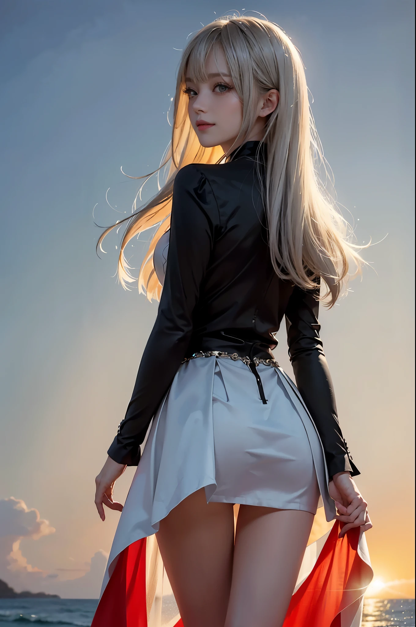 1 girl, blonde hair, gray hair, long hair, bangs, sparkling eyes, long eyelashes, pupils shine, compensate, smile, Depth of bounds written, from below, silhouette, from behind, wide shot, f/1.4, 135mm, canon, nffsw, retina, Accurate, anatomically correct, rough skin, Super detailed, advanced details, high quality, 最high quality, High resolution, 8K, (Woman walking on the beach at sunset), 逆光のsilhouette, (see-through red dress), ((光を通して体のsilhouetteが見える)), (hair blowing in the wind), (Skirt soars in the wind)