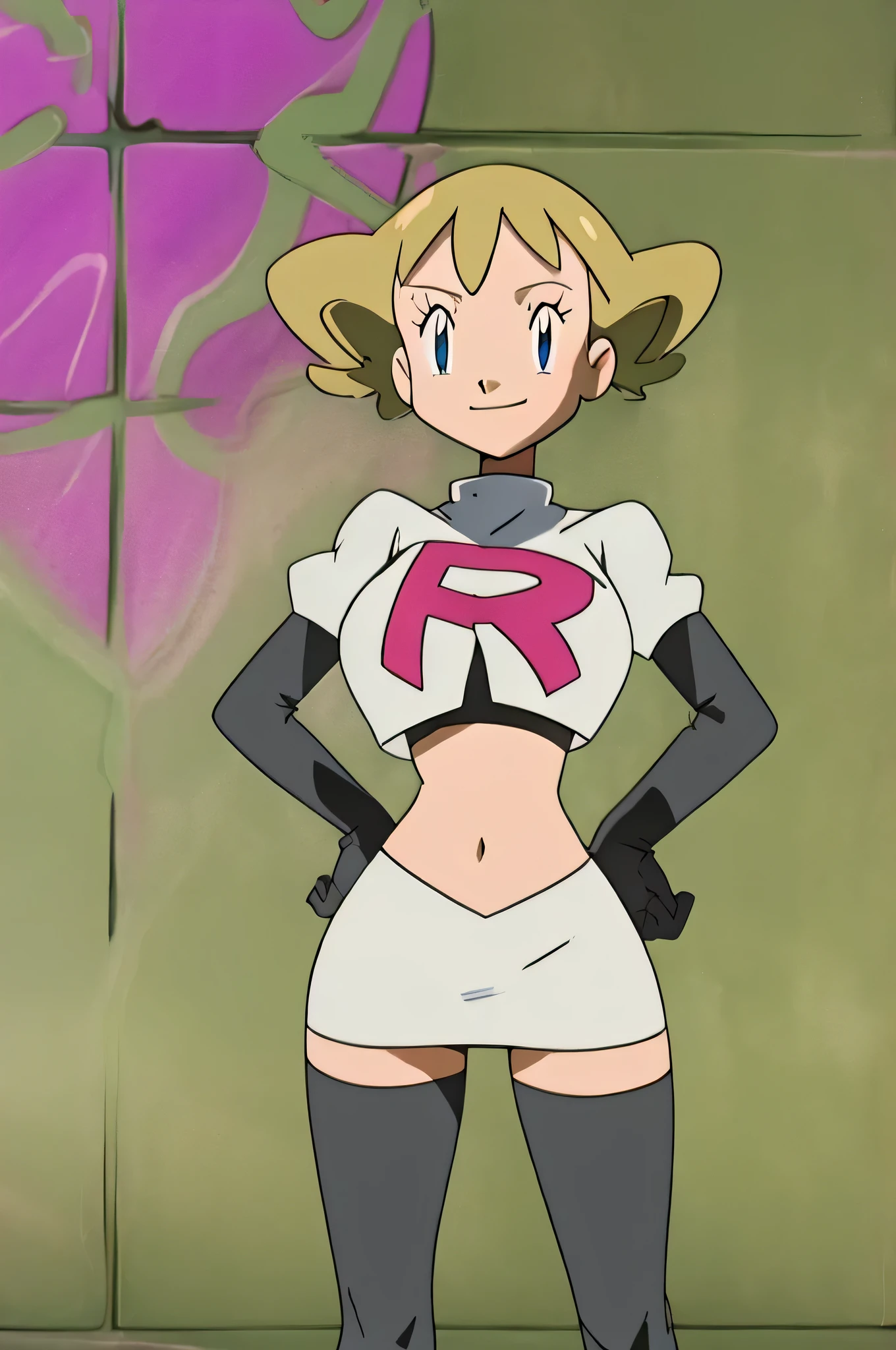 8k, anime screencap,1girl in, (solo:1.1), (perfect body:1.1), (best quality:1.1), very large breast, team rocket uniform, red letter r, white skirt,white crop top,black thigh-high boots, black elbow gloves, evil smile, looking down at viewer, hands on hips,zettai ryouiki,cowboy shot, Molly Hale