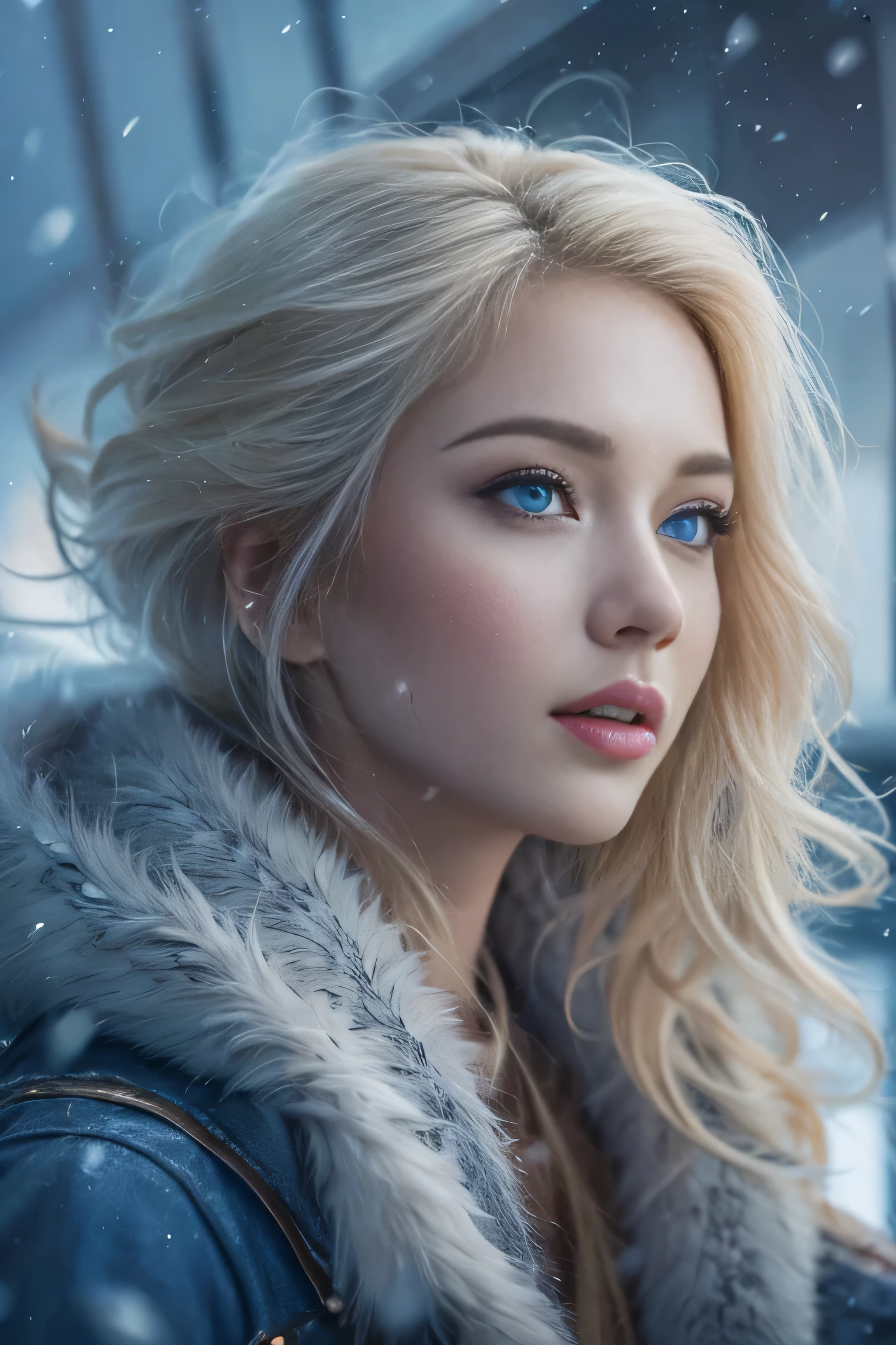 1 female、(european:1.5)、(late 20s)、(super beautiful)、(beautiful face:1.5)、(detailed face:1.5)、(blue eyes)、blonde、shallow depth of field、It had been snowing since I got off the night train..、I can only hear the sound of the sea、I also took the ferry alone..、Staring at the frozen seagulls