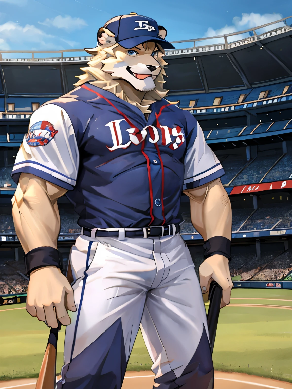 leo seibu lions, good looking, male, anthro, ultradetailed, muscular, solo, bareness, rippling muscles, muscles, stadium background, tail, smiling, open legs, baseball uniform, furness, baseball cap, baseball pants, baseball shirt