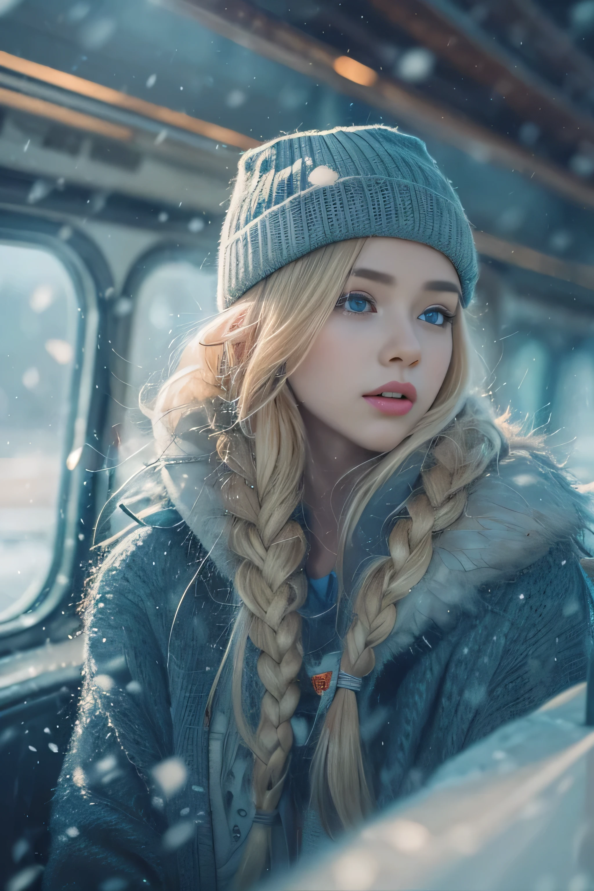 1 female、(european:1.5)、(late 20s)、(super beautiful)、(beautiful face:1.5)、(detailed face:1.5)、(blue eyes)、blonde、shallow depth of field、It had been snowing since I got off the night train..、I can only hear the sound of the sea、I also took the ferry alone..、Staring at the frozen seagulls