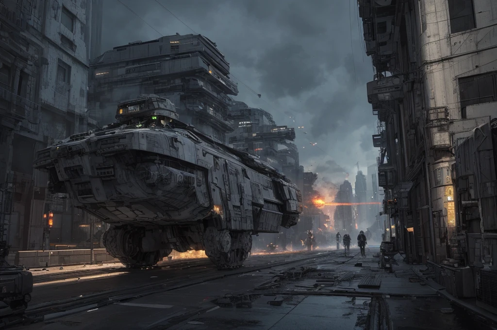 Ultra-realistic 16K CG, masterpiece, Best Composition, Photo quality, work of art, a lot of details, 8K, very detailed, distant fantasy, cyberpunk, hyper-detailed, crazy details, wet, rain, Moss on the walls, flowers, flood, against the backdrop of a beautiful futuristic fantasy city in the style of Coruscant from Star Wars by John Lucas, war, there is a battle going on, the city is attacked by sky dreadnoughts, fire from the sky, Explosions, buildings are burning, rays from tracer shells in the sky, a downed dreadnought is burning in the background, debris, there is a battle going on, fog, Science fiction, Huge fantastic skyscrapers in the background, space elevator towers, very high background detail, A lot of small details, A busy street, a lot of passers-by, the sky is gloomy from burning, molten metal flows into water, fuel burns in water., two soldiers escort a , neck collar with chain