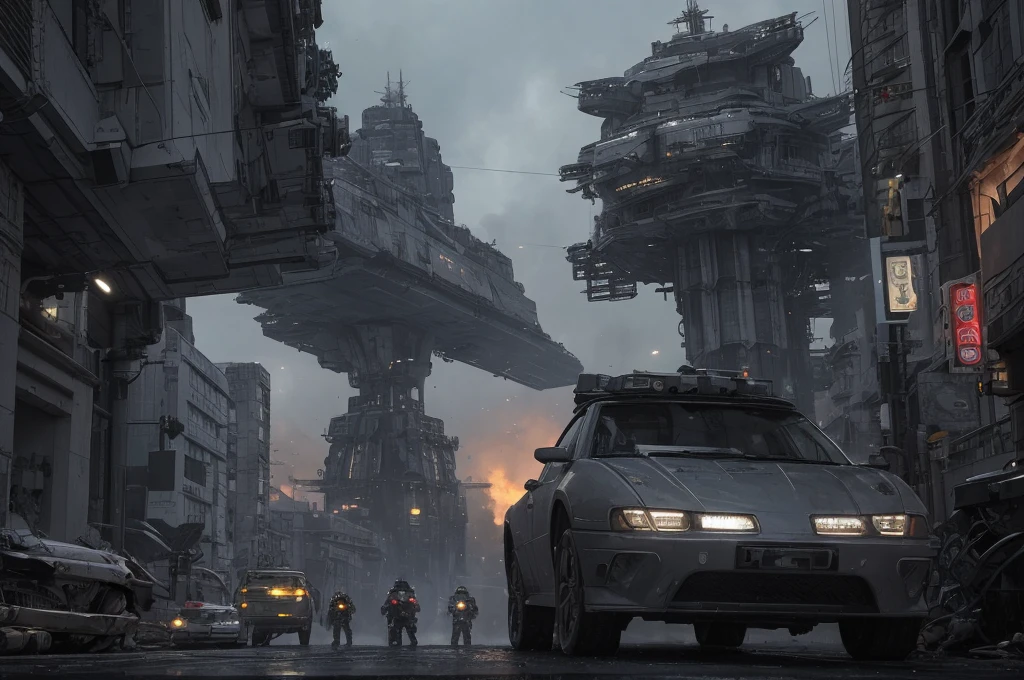 Ultra-realistic 16K CG, masterpiece, Best Composition, Photo quality, work of art, a lot of details, 8K, very detailed, distant fantasy, cyberpunk, hyper-detailed, crazy details, wet, rain, Moss on the walls, flowers, flood, against the backdrop of a beautiful futuristic fantasy city in the style of Coruscant from Star Wars by John Lucas, war, there is a battle going on, the city is attacked by sky dreadnoughts, fire from the sky, Explosions, buildings are burning, rays from tracer shells in the sky, a downed dreadnought is burning in the background, debris, there is a battle going on, fog, Science fiction, Huge fantastic skyscrapers in the background, space elevator towers, very high background detail, A lot of small details, A busy street, a lot of passers-by, the sky is gloomy from burning, molten metal flows into water, fuel burns in water., two soldiers escort a slave, neck collar with chain