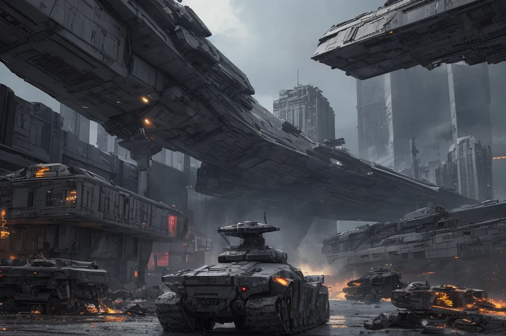 Ultra-realistic 16K CG, masterpiece, Best Composition, Photo quality, work of art, a lot of details, 8K, very detailed, distant fantasy, cyberpunk, hyper-detailed, crazy details, wet, rain, Moss on the walls, flowers, flood, against the backdrop of a beautiful futuristic fantasy city in the style of Coruscant from Star Wars by John Lucas, war, there is a battle going on, the city is attacked by sky dreadnoughts, fire from the sky, Explosions, buildings are burning, rays from tracer shells in the sky, a downed dreadnought is burning in the background, debris, there is a battle going on, fog, Science fiction, Huge fantastic skyscrapers in the background, space elevator towers, very high background detail, A lot of small details, A busy street, a lot of passers-by, the sky is gloomy from burning, molten metal flows into water, fuel burns in water., two soldiers escort a slave, neck collar with chain