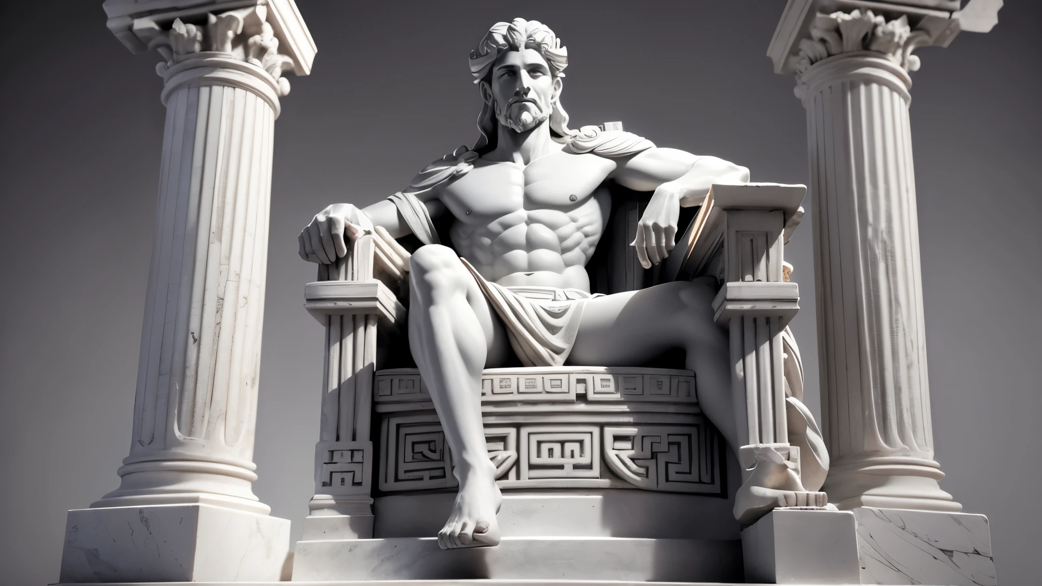 super detailed desaturated sculpture of a Greek God sitting on a throne