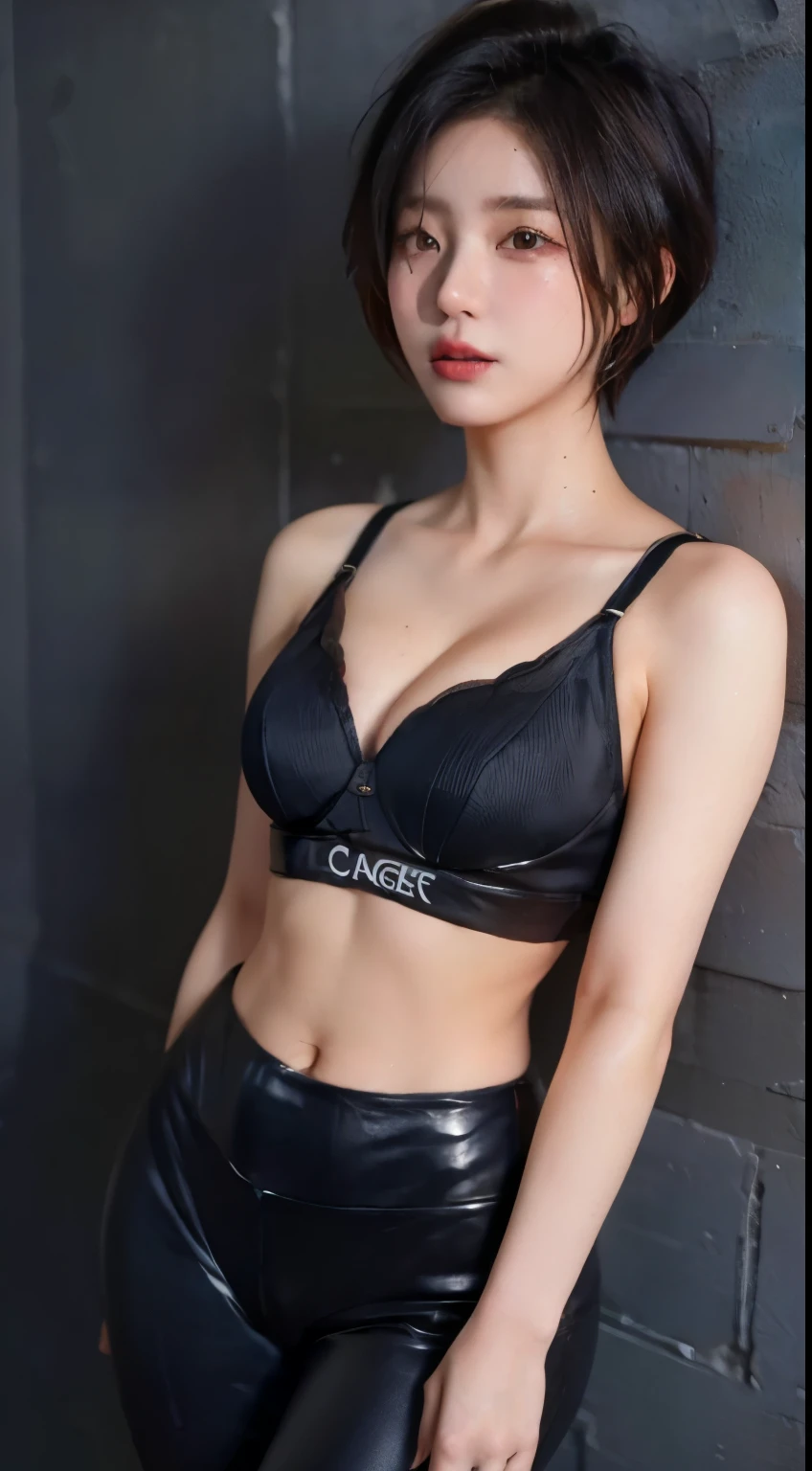 Tracer, strappy sports bra(highlight on cleavage), and leather leggings, dark background, make her look hot, gym mood, huge bust, tiny waist, sultry body with sexy belly(underwear strings above the hips), wide hips, sweaty, all black