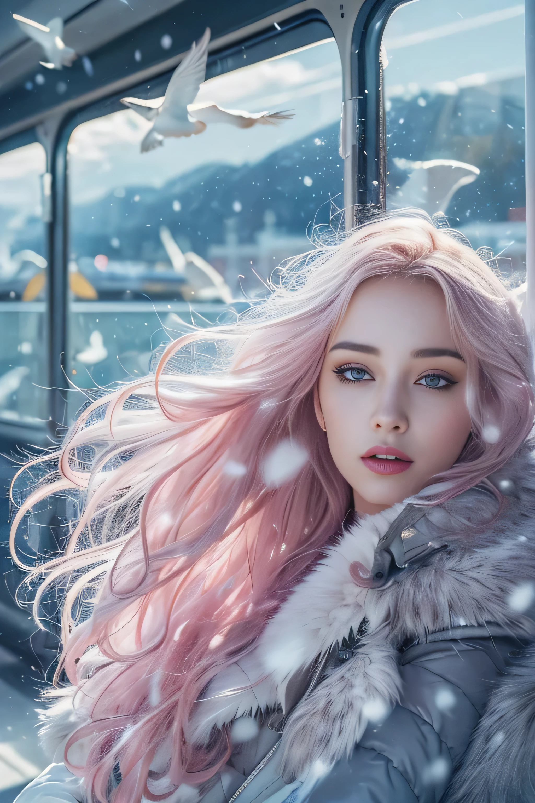 1 female、(european:1.5)、(late 20s)、(super beautiful)、(beautiful face:1.5)、(detailed face:1.5)、(blue eyes)、blonde、shallow depth of field、It had been snowing since I got off the night train..、I can only hear the sound of the sea、I also took the ferry alone..、Staring at the frozen seagulls
