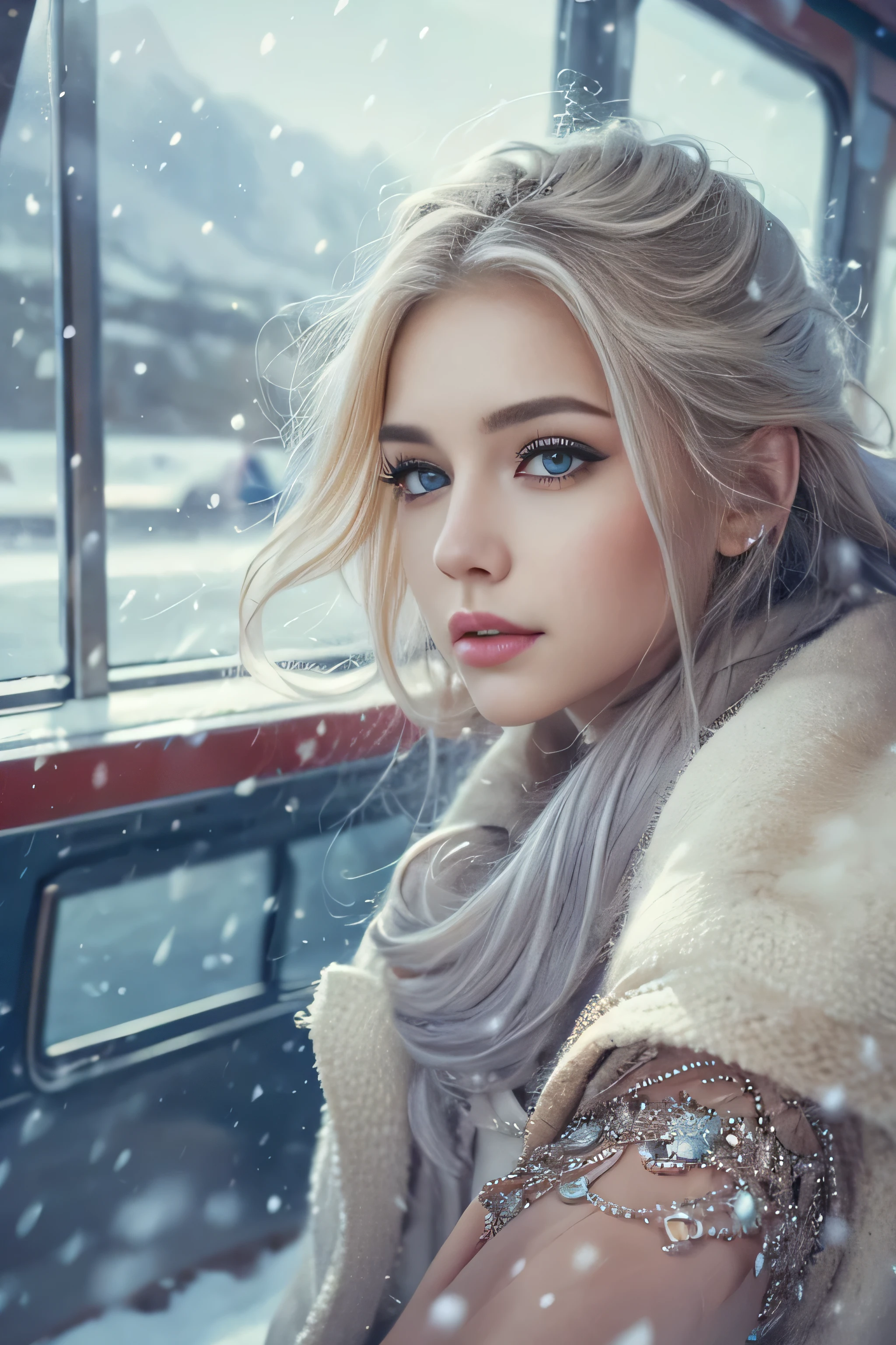 1 female、(european:1.5)、(late 20s)、(super beautiful)、(beautiful face:1.5)、(detailed face:1.5)、(blue eyes)、blonde、shallow depth of field、It had been snowing since I got off the night train..、I can only hear the sound of the sea、I also took the ferry alone..、Staring at the frozen seagulls