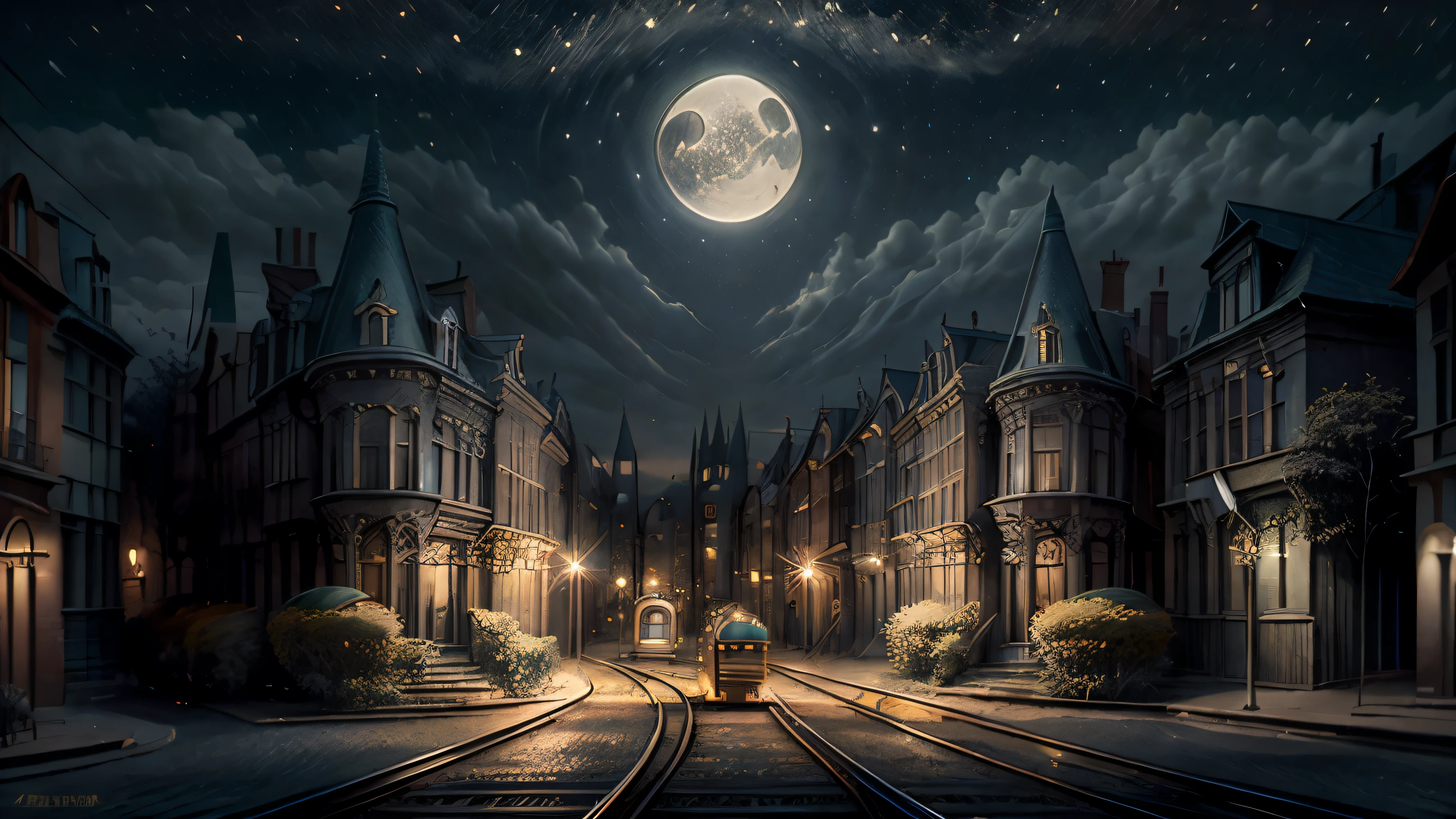 Charming summer night in the city, where only half-naked women live and luminous trams without drivers glide along the rails.. Город с Housesми в стиле исторических зданий Брюсселя., Houses, famous from the paintings of Rene Magritte