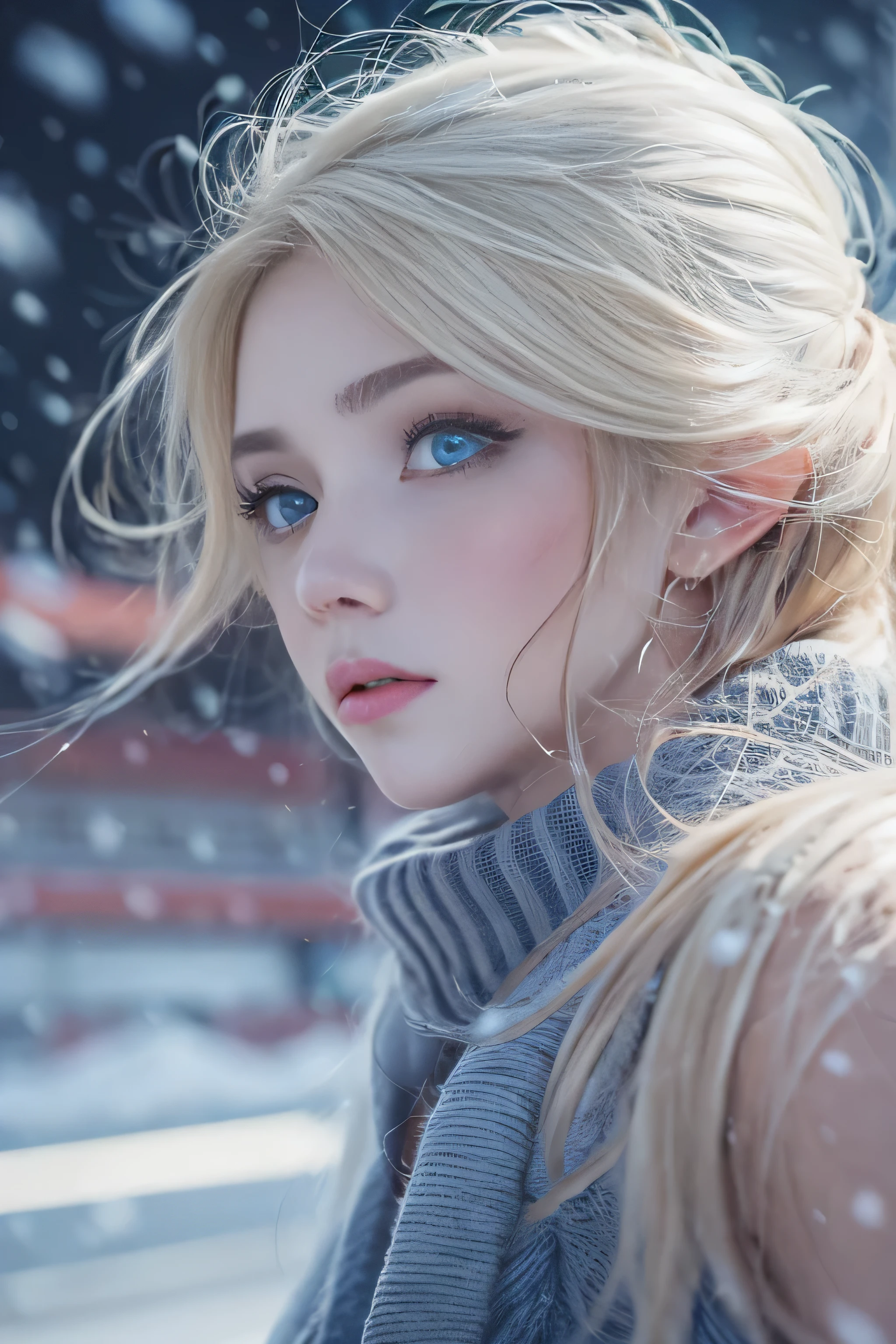 1 female、(european:1.5)、(late 20s)、(super beautiful)、(beautiful face:1.5)、(detailed face:1.5)、(blue eyes)、blonde、shallow depth of field、It had been snowing since I got off the night train..、I can only hear the sound of the sea、I also took the ferry alone..、Staring at the frozen seagulls