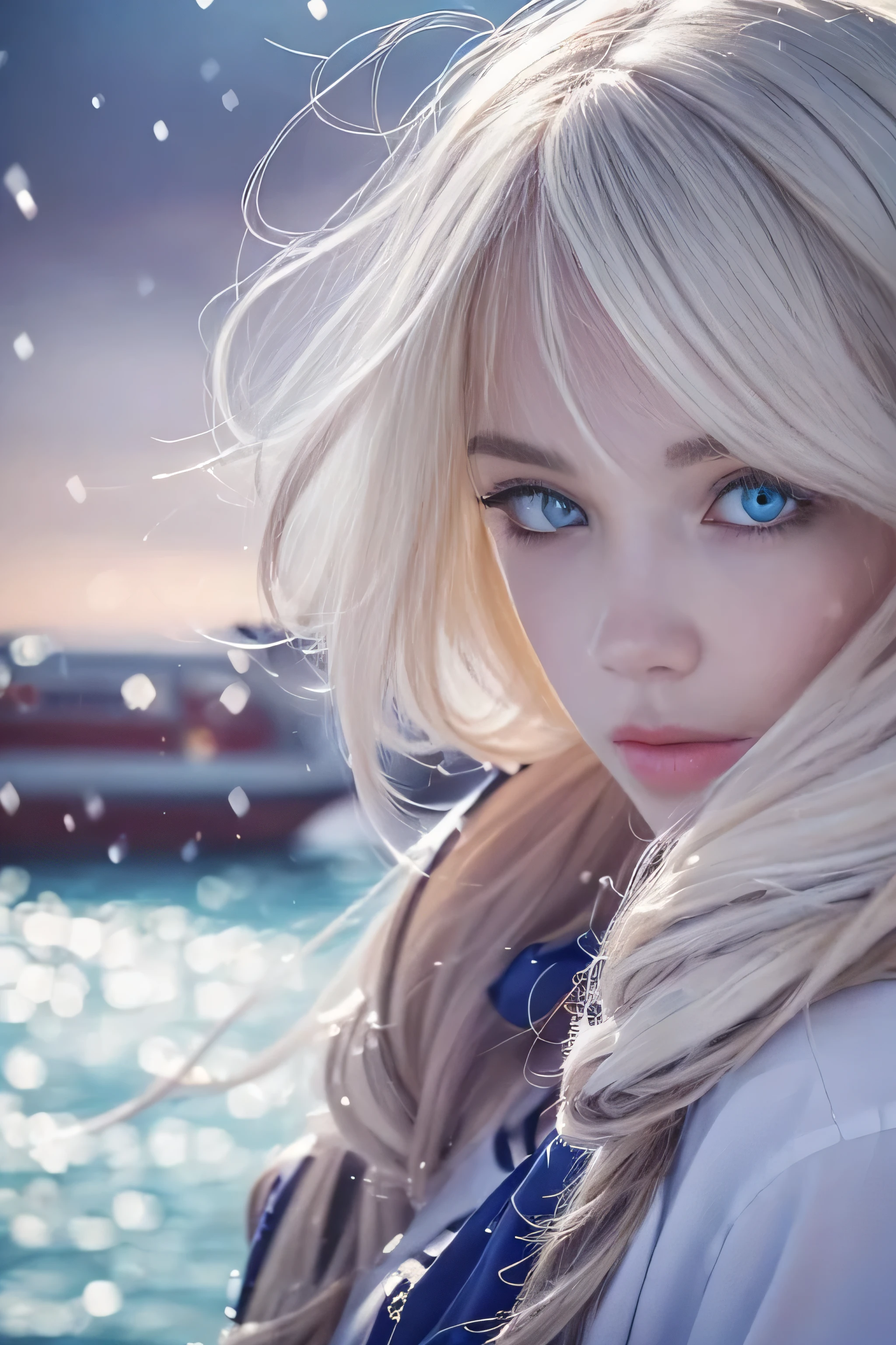 1 female、(european:1.5)、(late 20s)、(super beautiful)、(beautiful face:1.5)、(detailed face:1.5)、(blue eyes)、blonde、shallow depth of field、It had been snowing since I got off the night train..、I can only hear the sound of the sea、I also took the ferry alone..、Staring at the frozen seagulls