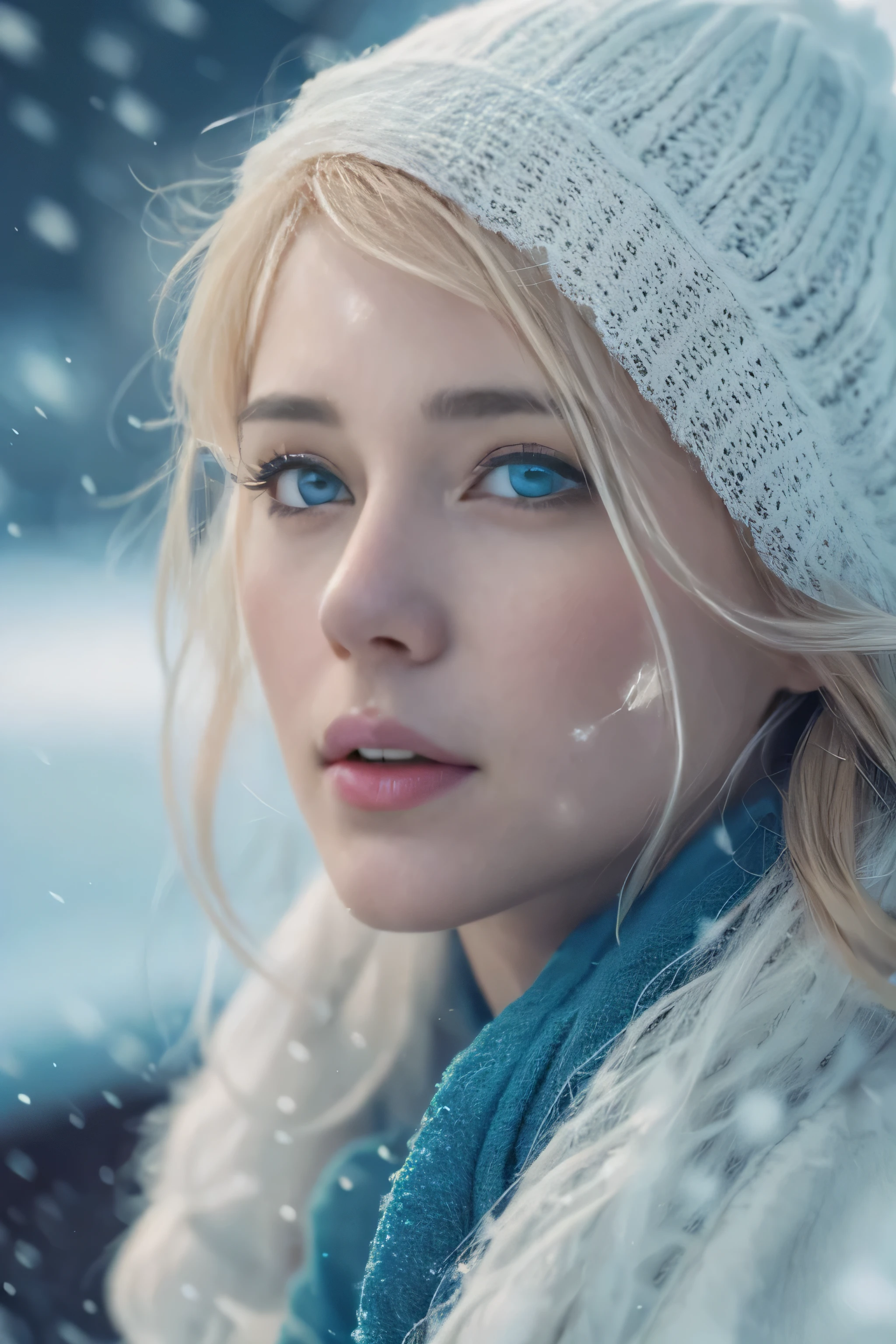 1 female、(european:1.5)、(late 20s)、(super beautiful)、(beautiful face:1.5)、(detailed face:1.5)、(blue eyes)、blonde、shallow depth of field、It had been snowing since I got off the night train..、I can only hear the sound of the sea、I also took the ferry alone..、Staring at the frozen seagulls