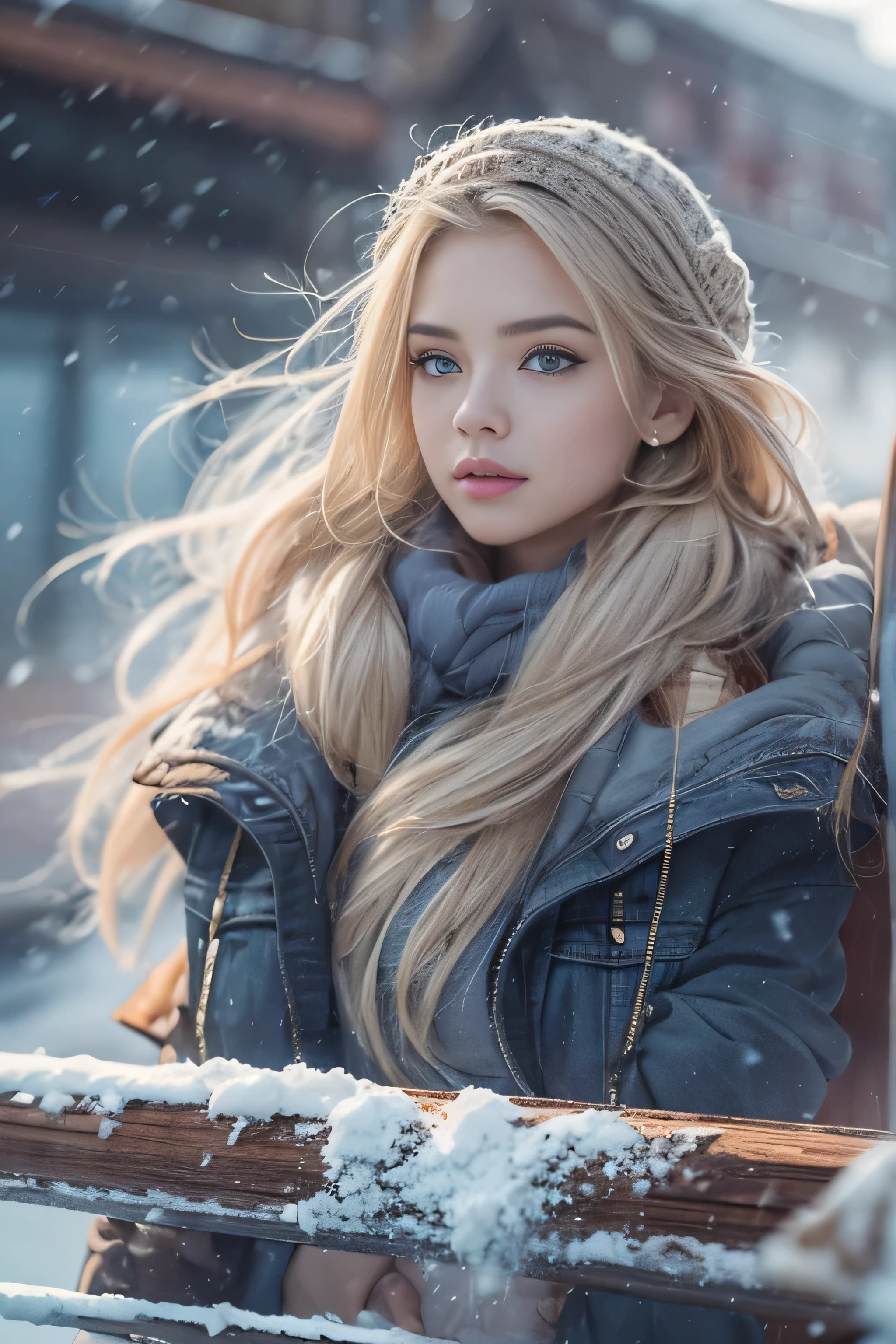 1 female、(european:1.5)、(late 20s)、(super beautiful)、(beautiful face:1.5)、(detailed face:1.5)、(blue eyes)、blonde、shallow depth of field、It had been snowing since I got off the night train..、I can only hear the sound of the sea、I also took the ferry alone..、Staring at the frozen seagulls