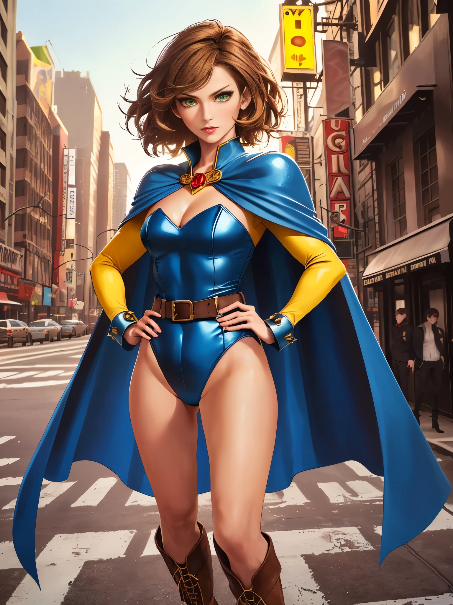 ((best quality)), ((masterpiece)), ((ultra realistic)), (dynamic heroic pose), american, beautiful detailed face, detailed eyes, sexy reporter, ((dressed in a red leotard with blue accents)), new york city backdrop, highly detailed, professional, bare legs, full body), hands on hip, standing, ((brown hair, medium hair)), green eyes, matching boots, yellow boots, ((long sleeves, yellow cuffs)), yellow hawk-shaped crest engraved on chest, ((blue cape)), cowboy shot, (belt)