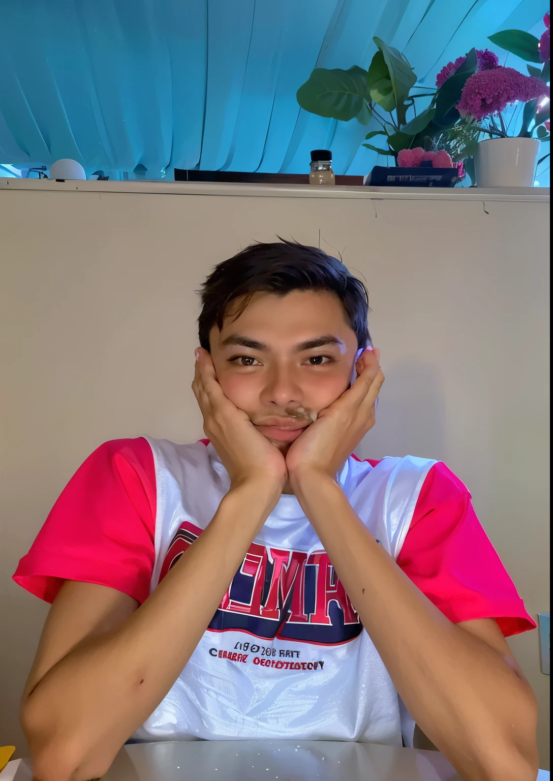 there is a boy sitting at a table with a plate of food, imagem frontal, taken at the beginning of 2020, magnetic years, suave em _ o fundo, looks like fabiula nascimento, full head shot, cerca de 19 anos, pose frontal, ela tem cerca de , Riyad Cassiem