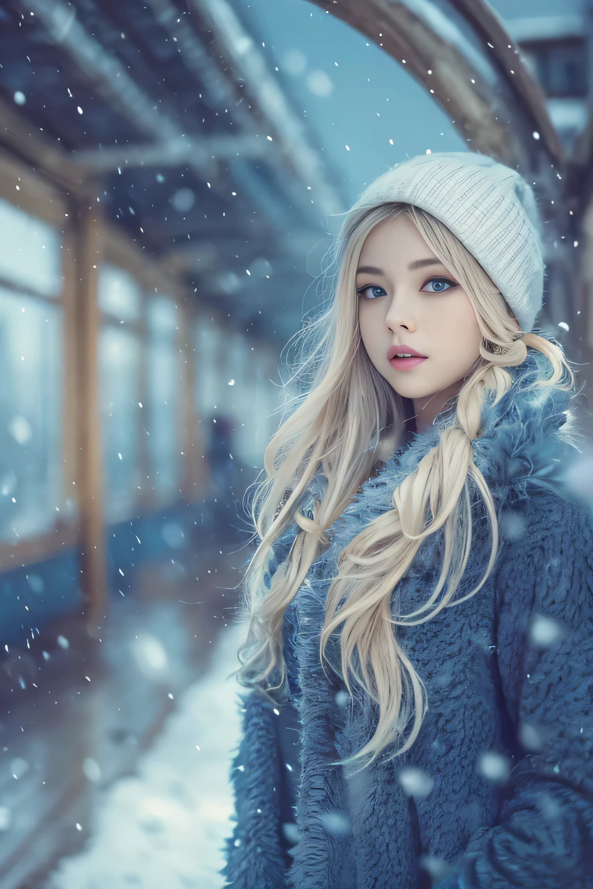 1 female、(european:1.5)、(late 20s)、(super beautiful)、(beautiful face:1.5)、(detailed face:1.5)、(blue eyes)、blonde、shallow depth of field、It had been snowing since I got off the night train..、I can only hear the sound of the sea、I also took the ferry alone..、Staring at the frozen seagulls
