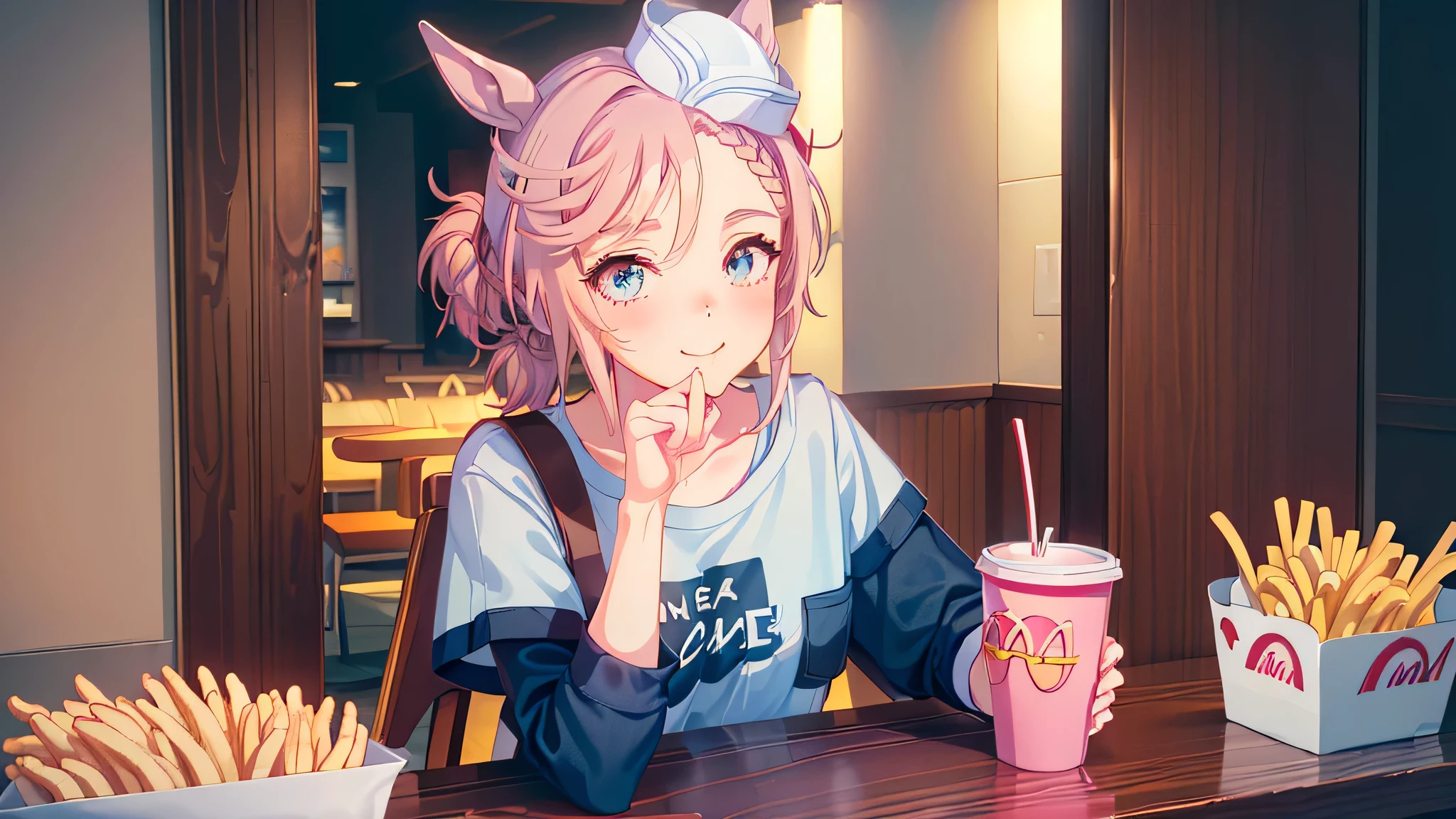 ((8K, 16k, highest quality, masterpiece, very detailed, Super detailed, official art)), semi-realistic illustration, realistic anatomy, 1 girl, , NSFW, pretty girl, (baby face), eyes:1.2, highlight eyes), (beautiful eyes, perfect eyes, upward glance), venus spark \(umamusume\), (pink horse tail), (very small breasts), beautiful face, pink short hair, blush, (((looking at the viewer))), ((jeans, Wearing an oversized T-shirt)), (((cute smile:1.2))), (((At McDonald's, Inside a McDonald's store, crowded mcdonalds))), (((sit facing the camera, look across the table))), ((At the hamburger shop, At the first food shop, on the table, on the tableのフライドポテト, on the tableのハンバーガー, on the tableのコーラ)), (((Eat french fries, suck on fries))), (face focus:1.2), skinny, (extreme close up:1.5, upper body shot, Photographed from the front:1.5), young body, wet skin, (soft warm lighting, rays of light at dusk, Bokeh), ((detailed background))