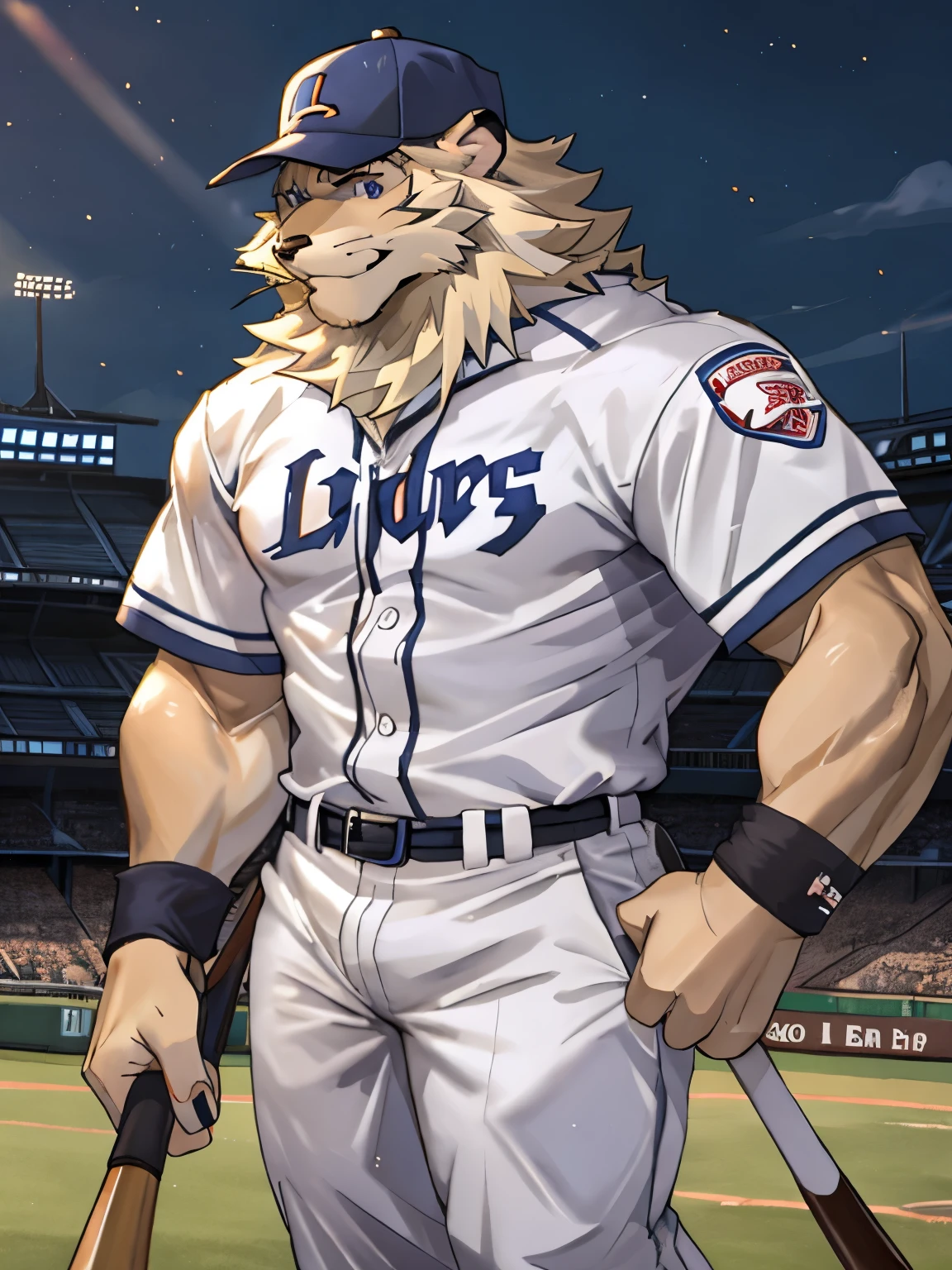 leo seibu lions, good looking, male, anthro, ultradetailed, muscular, solo, bareness, rippling muscles, muscles, stadium background, tail, smiling, baseball uniform, baseball cap, baseball pants, baseball shirt