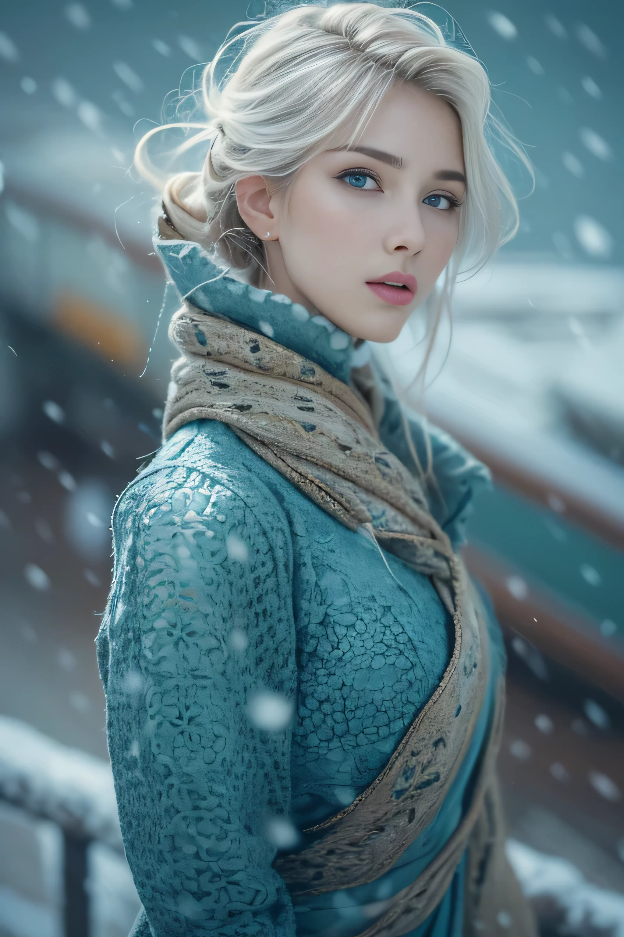 1 female、(european:1.5)、(late 20s)、(super beautiful)、(beautiful face:1.5)、(detailed face:1.5)、(blue eyes)、blonde、shallow depth of field、It had been snowing since I got off the night train..、I can only hear the sound of the sea、I also took the ferry alone..、Staring at the frozen seagulls