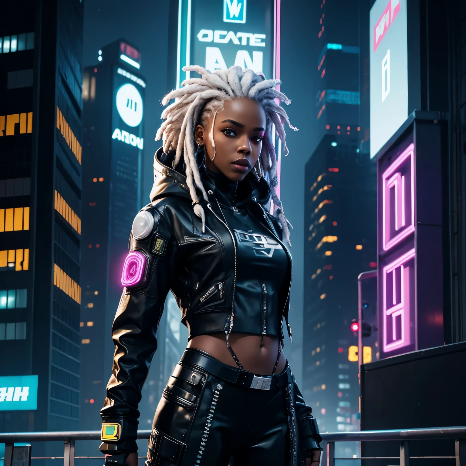 Black woman, hoody, dreadlocks, white hair, latex, on the roof, Android, neon lights, cyberpunk city, hyper realistic, best quality, mécha, Androïde, cyberpunk, cyber, Sci-fi 