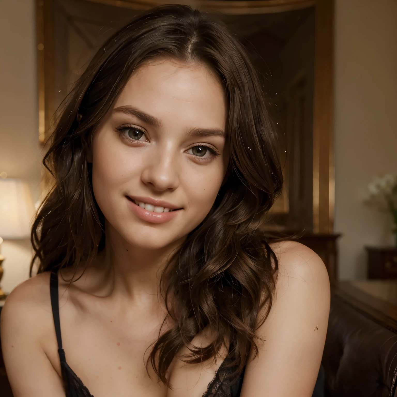 (in 8K, Raw-Photo, best quality, ​masterpiece:1.2), 1 girls , 22yo, 3/4 body, a beauty, long brunette hair, slim normal body, (wavy hair), normal , (Show your teeth and smile), looking at viewer, ((The highest quality, 16 k, masterpiece: 1.3)), sitting in room, wearing lingerie, Biologically Correct Human, reference, detailed faces, detailed lips, detailed eyes, realistic pupils, brown pupils, siting, elegance, light on the face, ambience light, backlight, , ultra realistic
