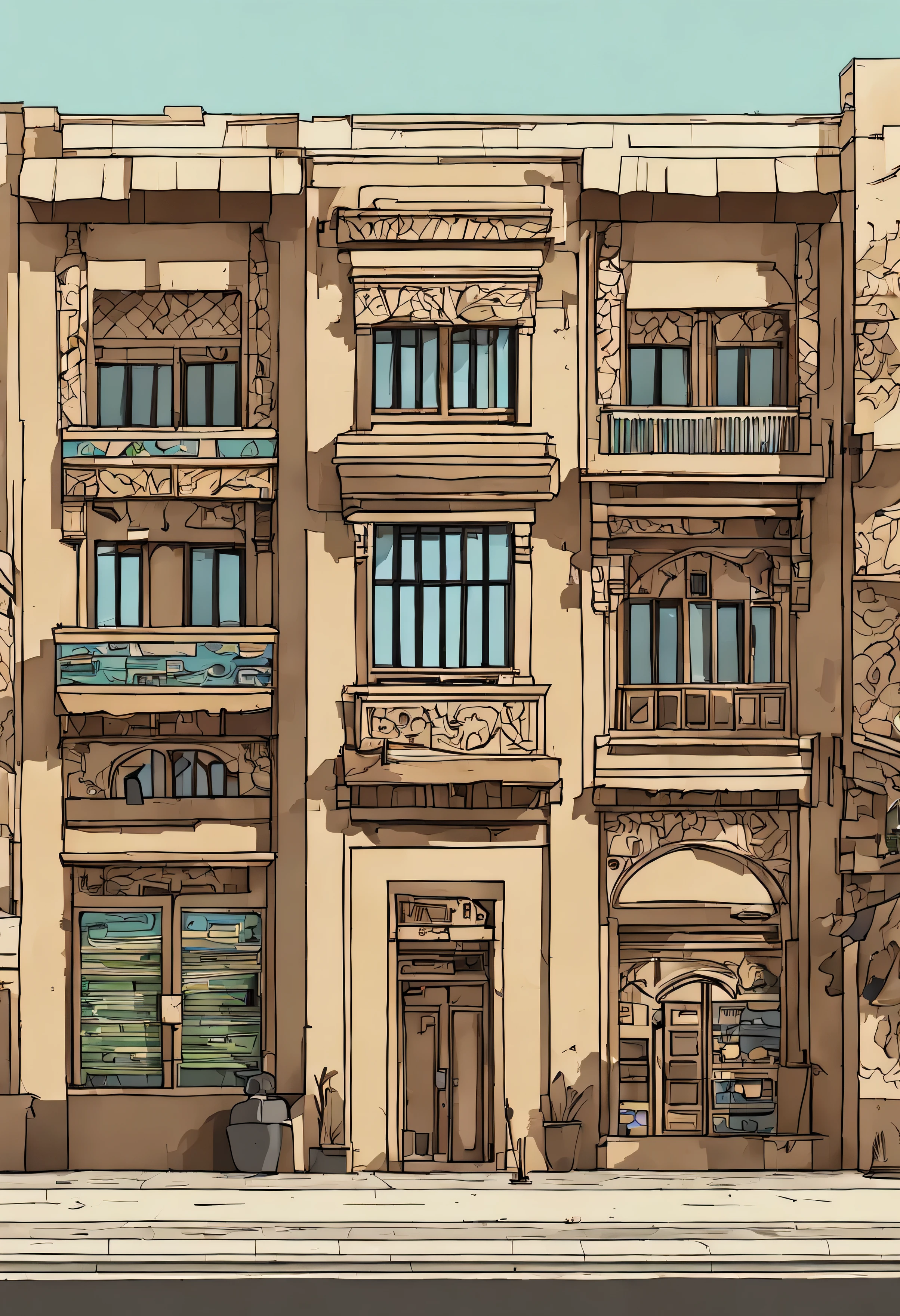 2d modern Yemeni buildings, street, Yemeni architecture style, rick and morty drowning style, front view, elevation design, Aden