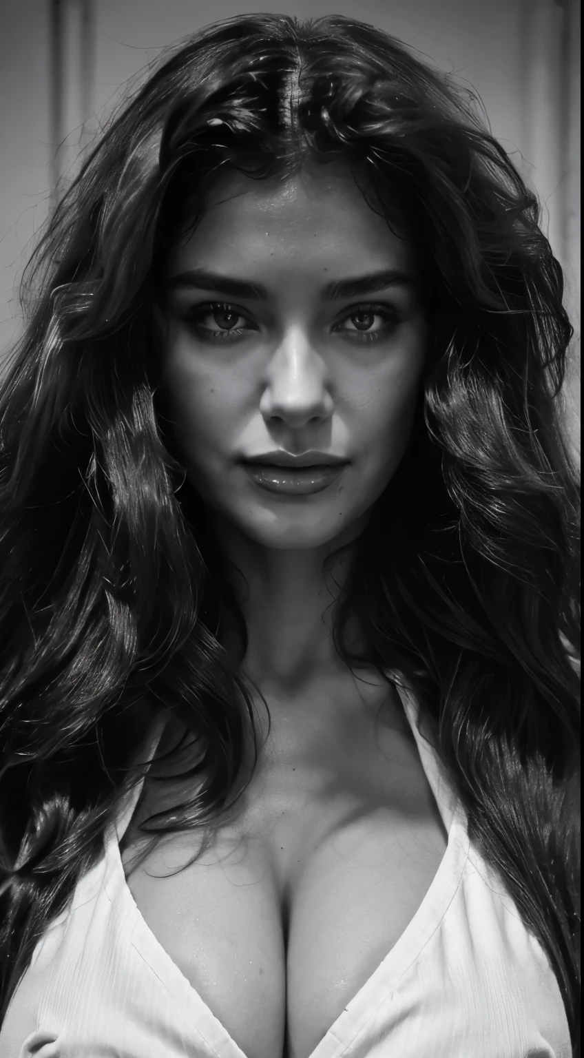 a black and white photo of a woman with long hair, deviantart artstation cgscosiety, mert and marcus, large breasts, filthy hair, enigmatic!!, loosely cropped, pandemonium, beautiful long brown hair, electrifying, ((portrait)), hypnotising, foxy, intricate beautiful faces, p cattaneo, hedonism