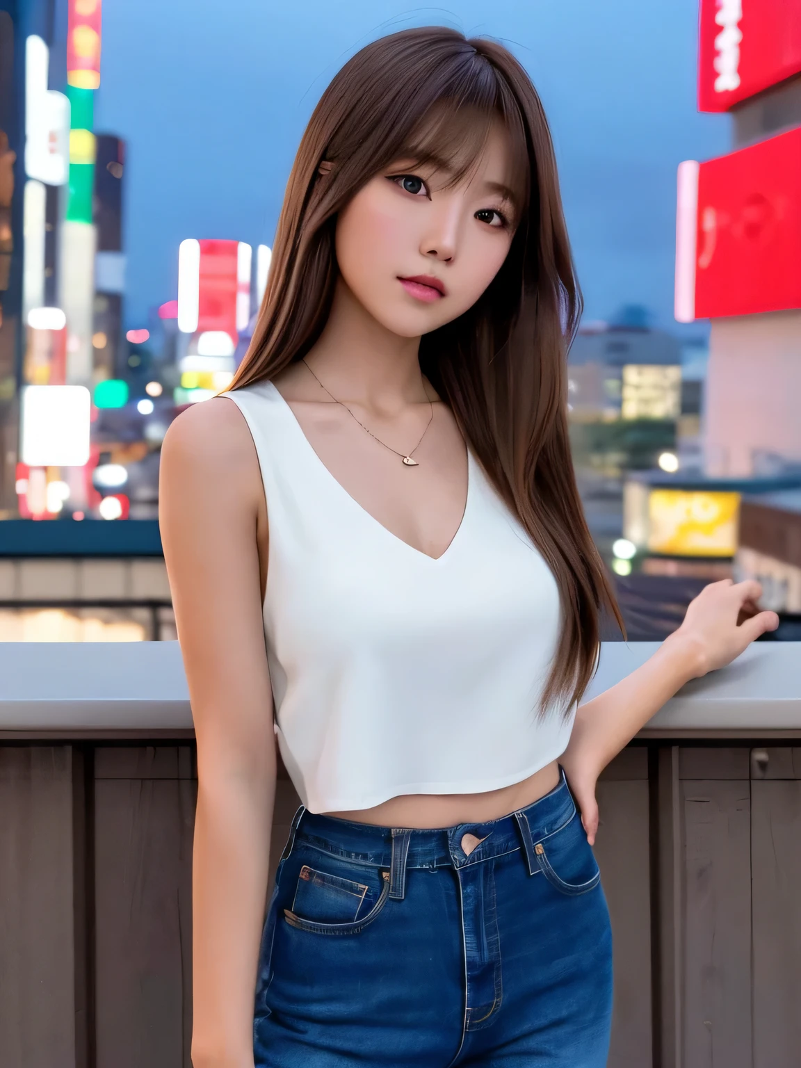 anatomically accurate body,mastepiece, 1 girl per 1 photo, cowboy shot, front view, a Japanese young pretty girl, standing alone at a roof of building at midnight, night view of a background, a necklace, glamorous figure, wearing a red leather bura, wearing a denim short pants, hyper cute face, glossy lips, double eyelids for both eyes, natural makeup, shiny smooth light brown hair of long bob hair, asymmetrical bangs, tanned skin, central image, 8K resolution, high detail, detailed hairstyle, detailed face, cinematic lighting, octane rendering, hyper realistic, perfect limbs, perfect anatomy,