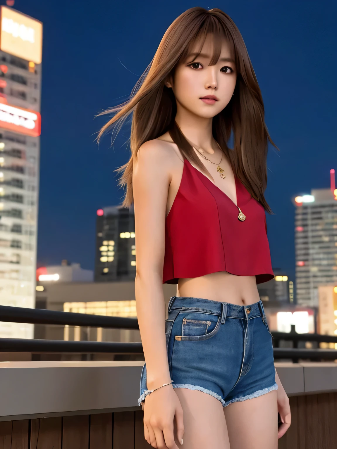 mastepiece, 1 girl per 1 photo, cowboy shot, front view, a Japanese young pretty girl, standing alone at a roof of building at midnight, night view of a background, a necklace, glamorous figure, wearing a red bura, wearing a denim short panties, hyper cute face, glossy lips, double eyelids for both eyes, natural makeup, shiny smooth light brown hair of long bob hair, asymmetrical bangs, tanned skin, central image, 8K resolution, high detail, detailed hairstyle, detailed face, cinematic lighting, octane rendering, hyper realistic, perfect limbs, perfect anatomy,