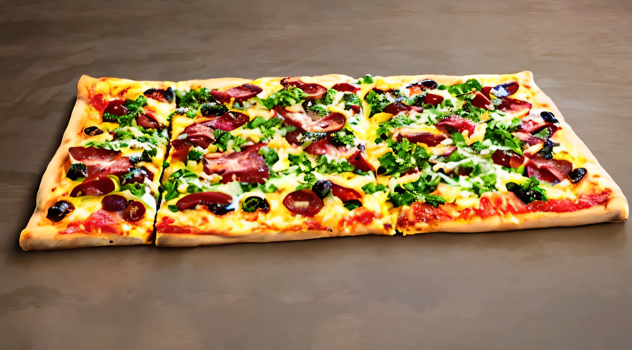there is a large rectangular pizza with different toppings of corn flavors, calabresa, strogonof frango, bell pepper , pizza em uma mesa, a pizza tem um grande cornicione, Alimentos comerciais 4K, muito saboroso, pizza italiana, easy, multi - camada, pizza a cabana, em um fundo escuro, Pizza Cosmos, Pizza, pizza, um plano amplo e completo, Super high resolution, 🥥 🍕 hybrid