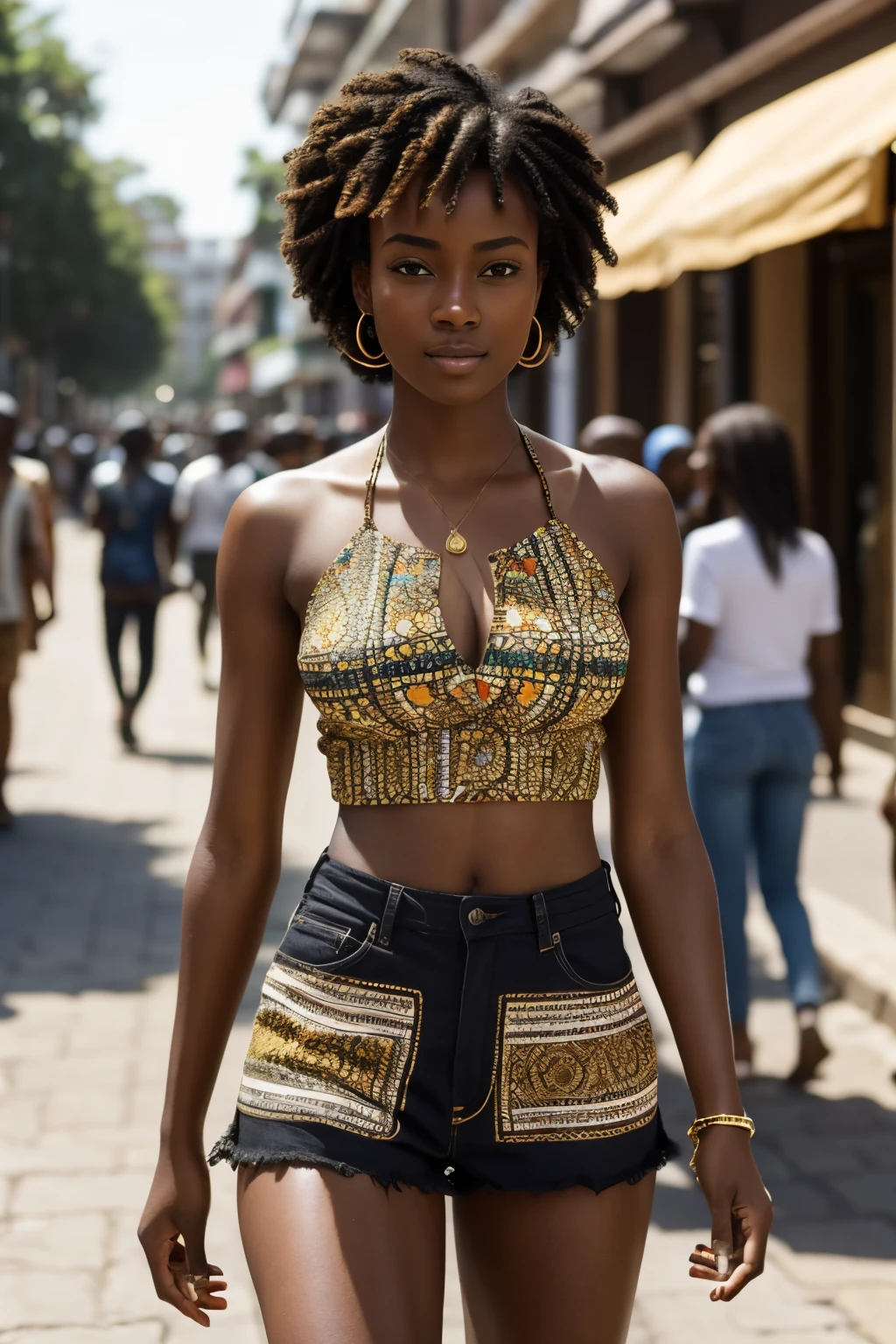 beautiful African woman, high quality image, crowded street scene, radiant black skin, casual clothes, intricate details on shins, stylish haircut, 8k resolution.

This captivating image showcases a beautiful African woman, her radiant black skin glowing in the sunlight as she navigates the crowded street. Her casual attire complements her effortless beauty, the colors and patterns of her clothes adding vibrancy to the scene. The image offers a closer look at the intricate details on her shins, showcasing the unique textures of her skin. Her hair, elegantly styled and chopped to frame her beautiful face, catches the light and shimmers with each movement. The high quality