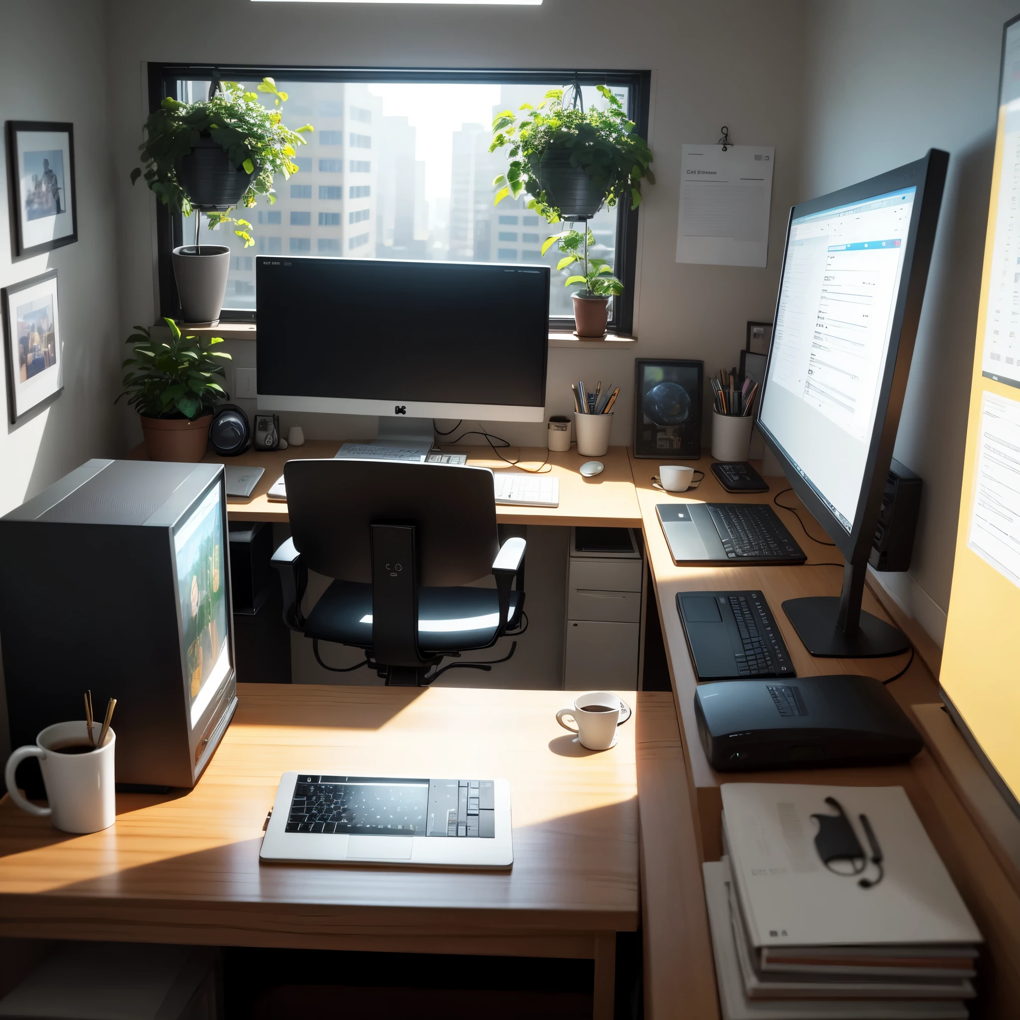 cartoon of a desk with a computer and a monitor in a room, cozy home background,Greenery,Blade details,coffee mug,nerds,picture frames,Simple and crisp,Detailed 2D illustration, interior background art, Anime background art, Realistic rays,blades,office backdrop, corner office background,Epic composition,(Complicated details),(Complex design,ultra detailed,art stations,high definition