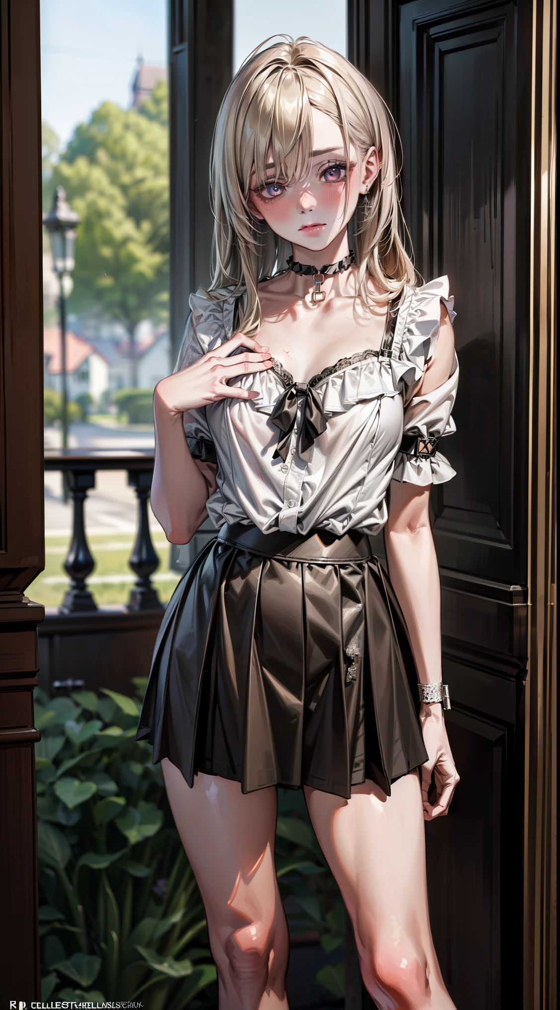 dyed blonde hair, adorable girl with straight bangs and bob cut, black sleeveless buttoned blouse with sheer material above neckline of blouse, red lipstick and a lot of doll-like makeup, blouse is tucked into plaid school girl miniskirt, fishnet stockings, Maryjane heels, sheer detached sleeves on arms, coy expression, sultry pose, professional, statement earrings, extreme detail description,professional, Natural and soft anime colors with a dreamy atmosphere, detailed face