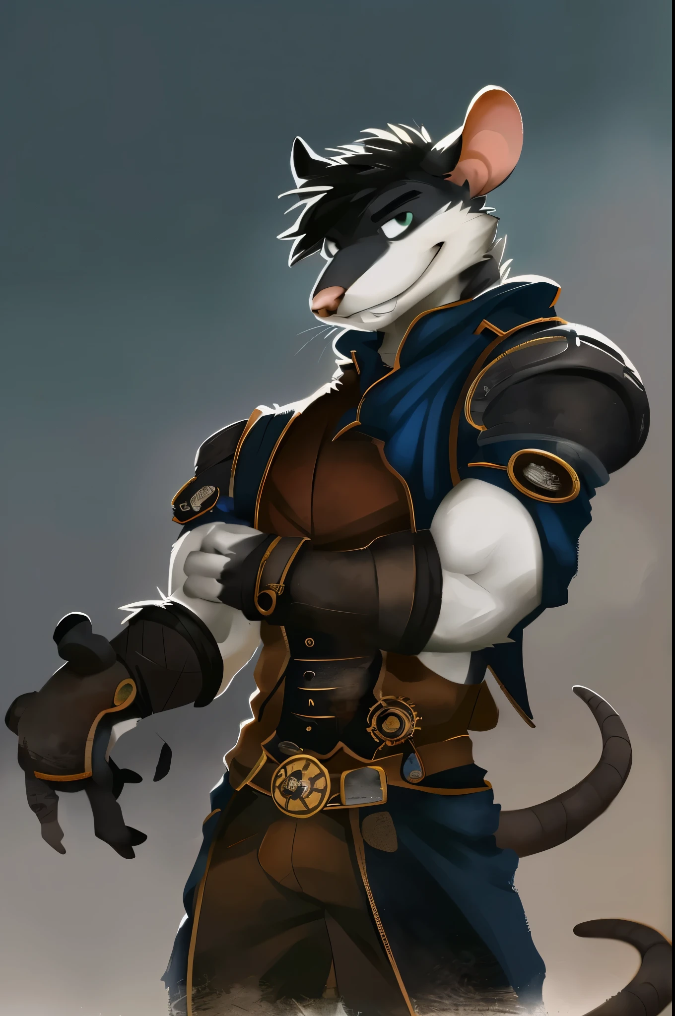 illustration of a rat, concept art, anthro art, stylized concept art, an anthro rat, anthropomorphic rat, black and white fur, game character concept art, an anthropomorphic rat, game concept art, painted as a game concept art, blur background, fantasy style, steampunk clothes, smile, handsome, cute, muscles