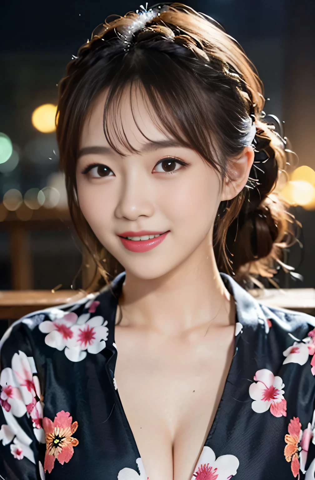 (Beautiful mature adult woman),(flower hair accessories,flower braid top knot,twisted side ponytail,flower braided headband,Half up, half down、Flower woven space bag,wide fishtail braid,twist pot,),(Bangs are see-through bangs),Very fine and beautiful hair,(((Emphasize the chest:1.3))),(dynamic angle),(Dynamic and sexy poses),laughter、Looking back wearing floral bathrobe isolated on white background、night,Against the backdrop of the river bank,Fireworks take off.、cute round face,,(on the table,best quality,Ultra-high resolution output images,) ,(8K quality,),(Ocean Art 2 Mode.1),(Image mode ultra high definition,)