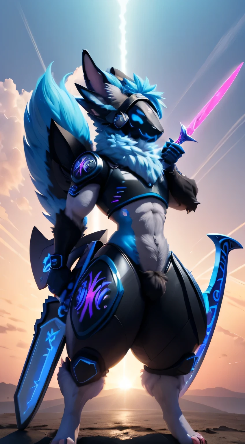 hot guy protogen with wide hips, blue hair, and pink emissive highlights. blue eyes, and orange fur tufts, holding big sword, Blue symbols, add fluffy tail, sxey pose, with abulge .