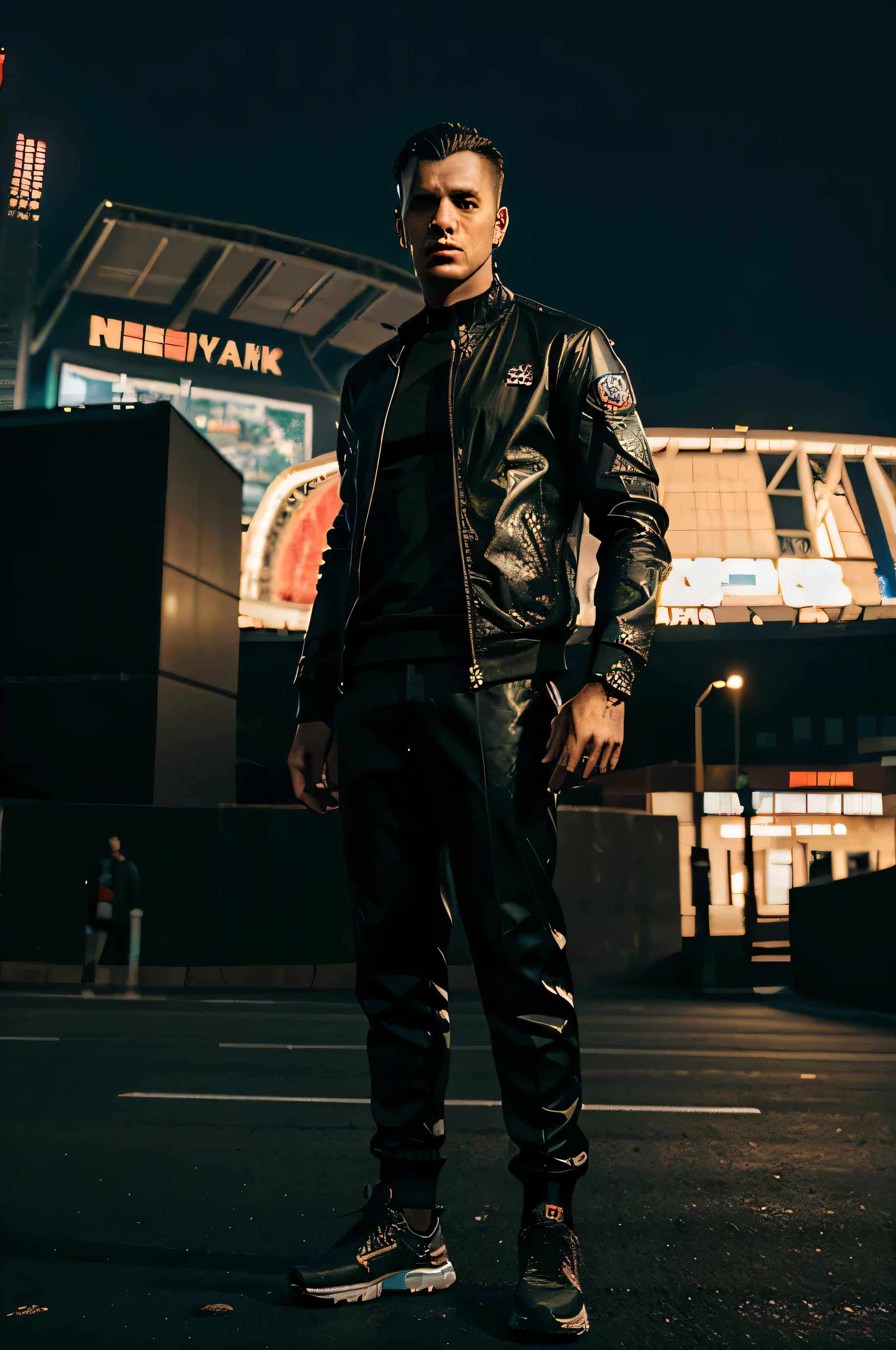 Man in cyberpunk style clothes, stands high, sports stadium in the background