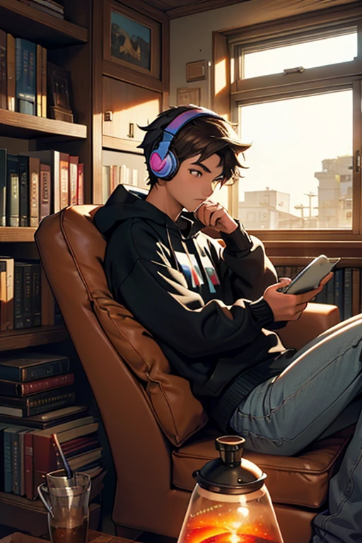 16 year old young man, dark hair, anatomically correct, looking at and using the computer textured skin, wearing headphones and sweatshirt, sitting in armchair, radio, cup of coffee with smoke, bookshelf with books, lava lamp, flying saucer in the window