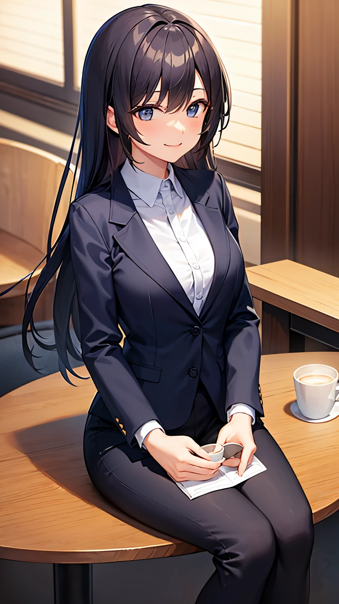(8K, girl),suit figure、 woman, brand hair、drinking coffee, sitting at the table、smile