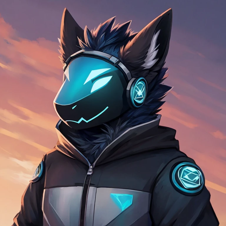 Protogen, stout, male, solo, slightly chubby, calm, claws, short spiky hair, serious expression, (neutral face), black and blue fur, black parka, blue goggles, (goggles on forehead)