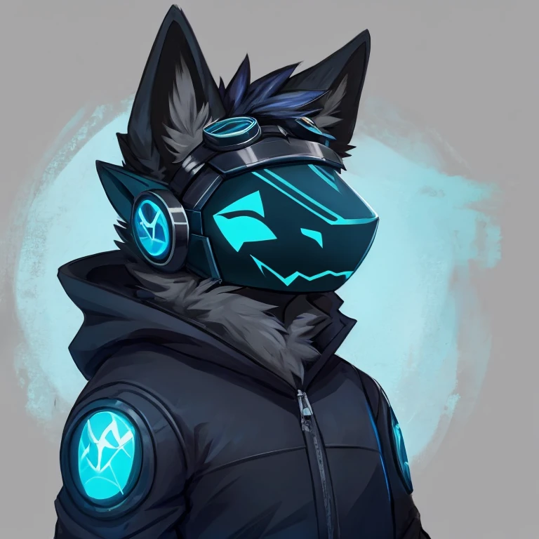 Protogen, stout, male, solo, slightly chubby, calm, claws, short spiky hair, serious expression, (neutral face), black and blue fur, black parka, blue goggles, (goggles on forehead)