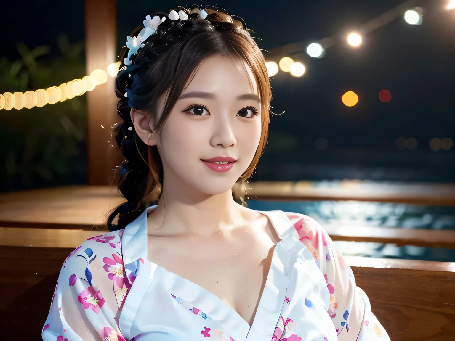 (beautiful mature adult woman),(flower hair ornament,floral braided top knot,twisted side part ponytail,floral braided headband,half up、floral braided space buns,voluminous fishtail braid,Twisted pan,),(The bangs are see-through bangs),very delicate and beautiful hair,(((emphasize the chest:1.3))),(dynamic angle),(Dynamic and sexy poses),laughter、Looking back wearing a floral yukata isolated on white background、Fireworks are launched into the sky against the backdrop of the riverbank at night.、cute round face,,(table top,highest quality,Ultra high resolution output image,) ,(8K quality,),(sea art 2 mode.1),(Image mode Ultra HD,)