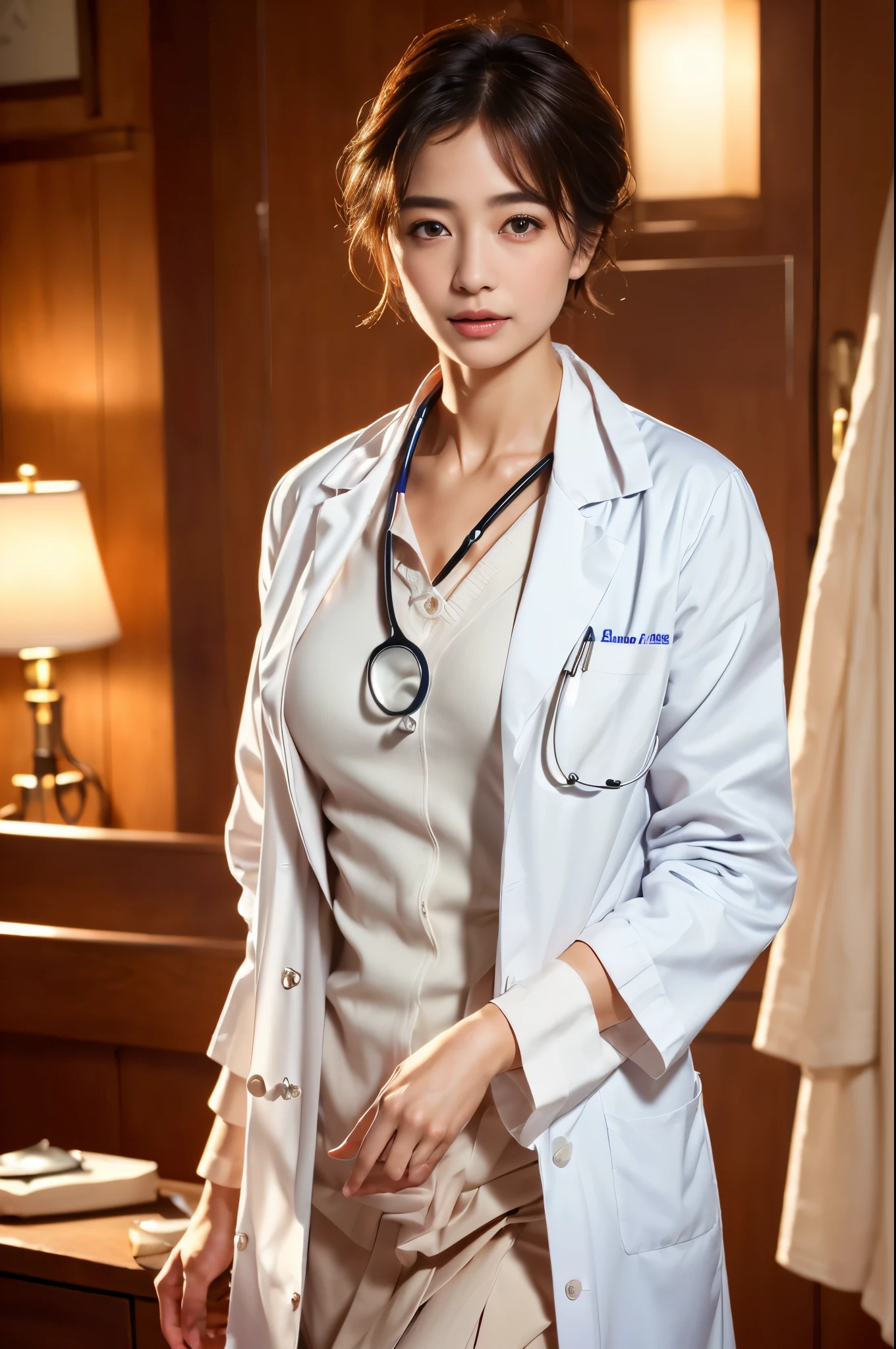 (sfw:1.3)、Photorealistic beautiful doctor、1 female、masterpiece、doctors white coat, collared shirt、(highest quality、8K、32K、masterpiece、sfw:1.3)、(Photoreal:1.3)、Raw photo, detailed face,,beautiful hair,skin that looks real、 ((Doctor Style)), Pixie Cut、small breasts:1.5, black tight skirt、 natural makeup、inside hospital, detailed background, perfect lighting, Depth of bounds written, Stethoscope ,