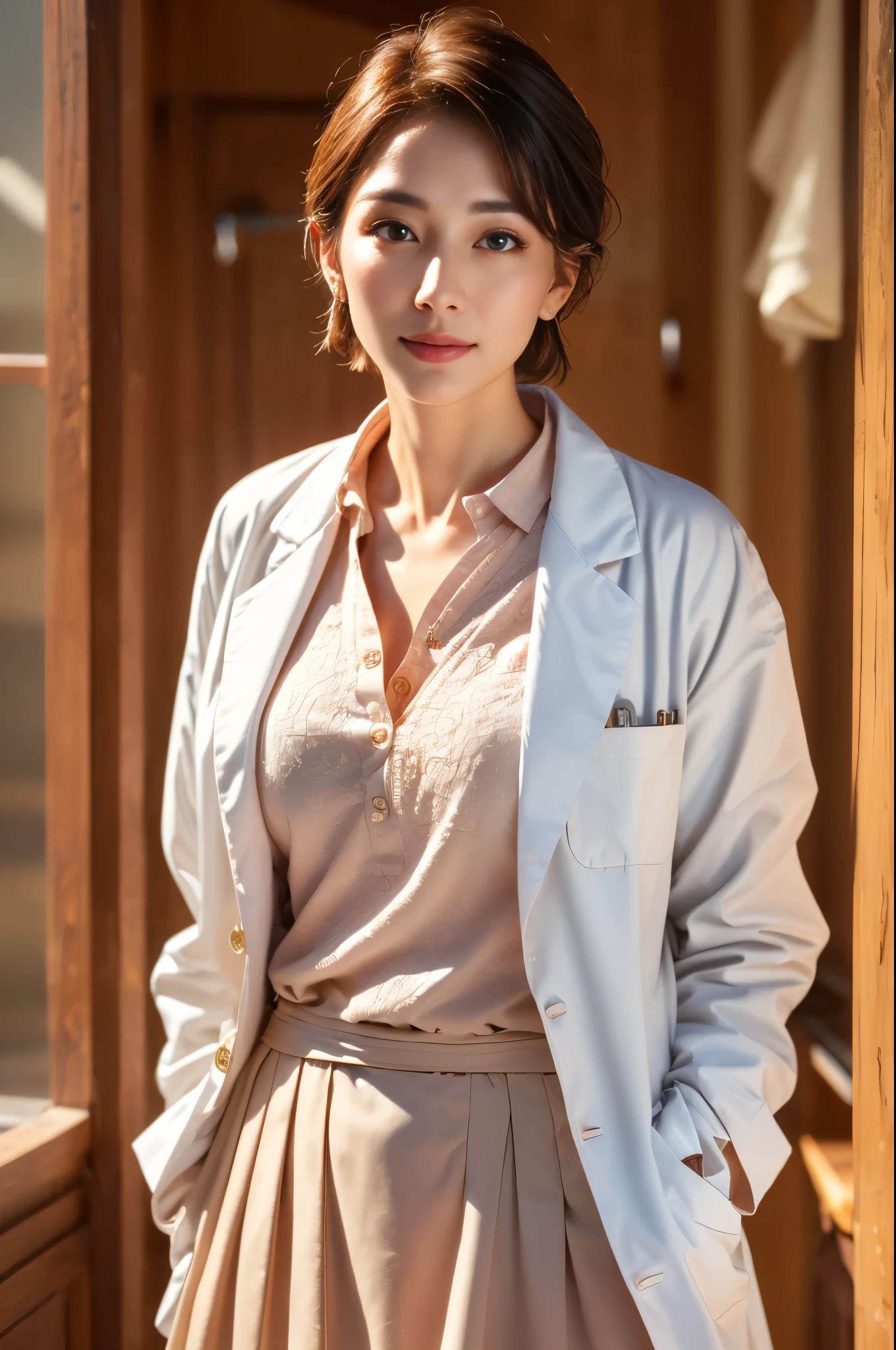 (sfw:1.3)、Photorealistic beautiful doctor、1 female、masterpiece、doctors white coat, collared shirt、(highest quality、8K、32K、masterpiece、sfw:1.3)、(Photoreal:1.3)、Raw photo, detailed face,,beautiful hair,skin that looks real、 ((Doctor Style)), Pixie Cut、small breasts:1.5, black tight skirt、 natural makeup、inside hospital, detailed background, perfect lighting, Depth of bounds written, Stethoscope ,