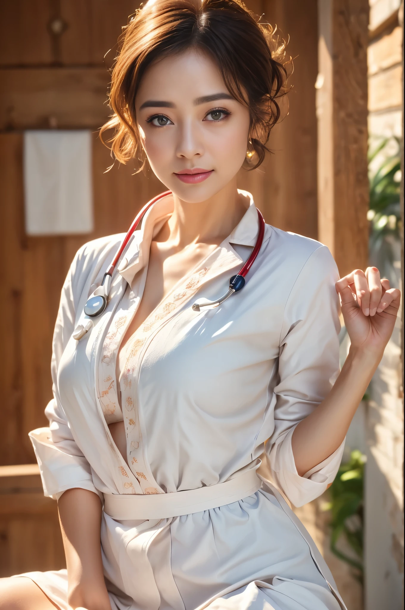 (sfw:1.3)、Photorealistic beautiful nurse、1 female、masterpiece、nurse white coat, (highest quality、8K、32K、masterpiece、sfw:1.3)、(Photoreal:1.3)、Raw photo, detailed face,,beautiful hair,skin that looks real、 ((nurse style)), Pixie Cut、small breasts:1.5, black tight skirt、 natural makeup、inside hospital, detailed background, perfect lighting, Depth of bounds written, Stethoscope ,