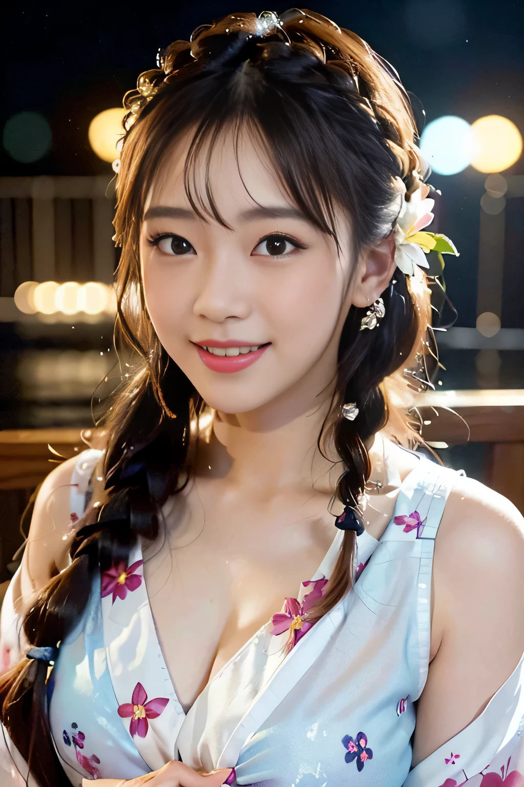 (beautiful mature adult woman),(flower hair ornament,floral braided top knot,twisted side part ponytail,floral braided headband,half up、floral braided space buns,voluminous fishtail braid,Twisted pan,),(The bangs are see-through bangs),very delicate and beautiful hair,(((emphasize the chest:1.3))),(dynamic angle),(Dynamic and sexy poses),laughter、Looking back wearing a floral yukata isolated on white background、Fireworks are launched into the sky against the backdrop of the riverbank at night.、cute round face,,(table top,highest quality,Ultra high resolution output image,) ,(8K quality,),(sea art 2 mode.1),(Image mode Ultra HD,)