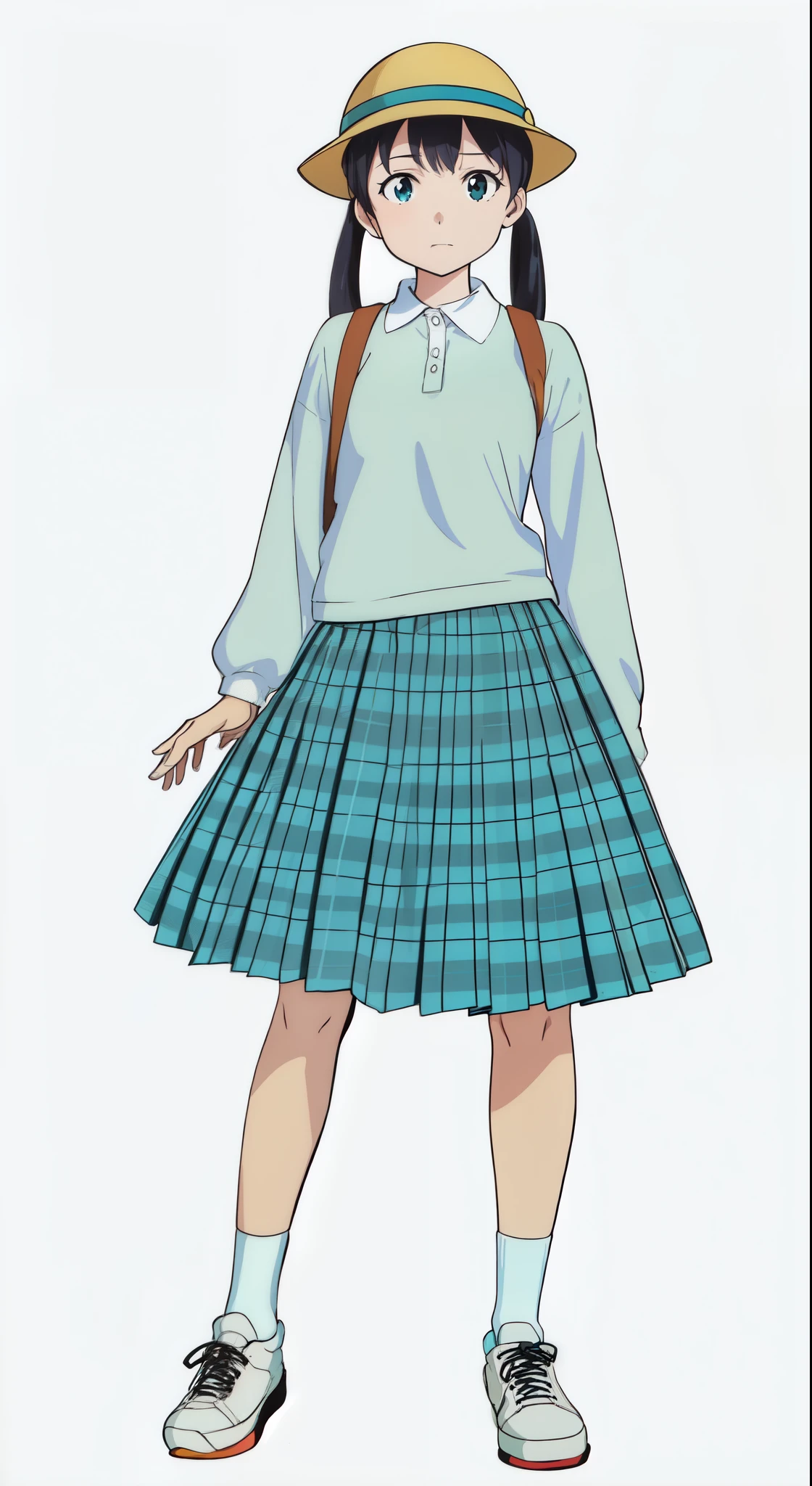 (white background:1.0), (best quality:1.0), (masterpiece:1.0), (super fine illustration:1.0), (beautiful artwork:1.0), (anime screencap:1.0), (official art:1.0), (full body:1.0), (solo:1.0), (ESGA:1.0), (a cute girl:1.0), (yellow hat:1.0), (red backpack:1.0), (long skirt:1.0), (green tartan skirt:1.0), (pleated skirt:1.0), (aqua blue polo shirt:1.0), (long sleeve polo shirt:1.0), (sneakers:1.0), (white socks:1.0), (ideal ratio body proportions:1.25), (lanky:1.25), (tall:1.25), (slender:1.25), (small breasts:1.25), (smaller face:1.25), (tareme:1.0), (detailed beautiful eyes:1.0), (detailed beautiful face:1.0), (glowing black eyes:1.0), (short hair:1.0), (low twintails:1.0), (black hair:1.0), (standing:1.0), (looking at viewer:1.0)
